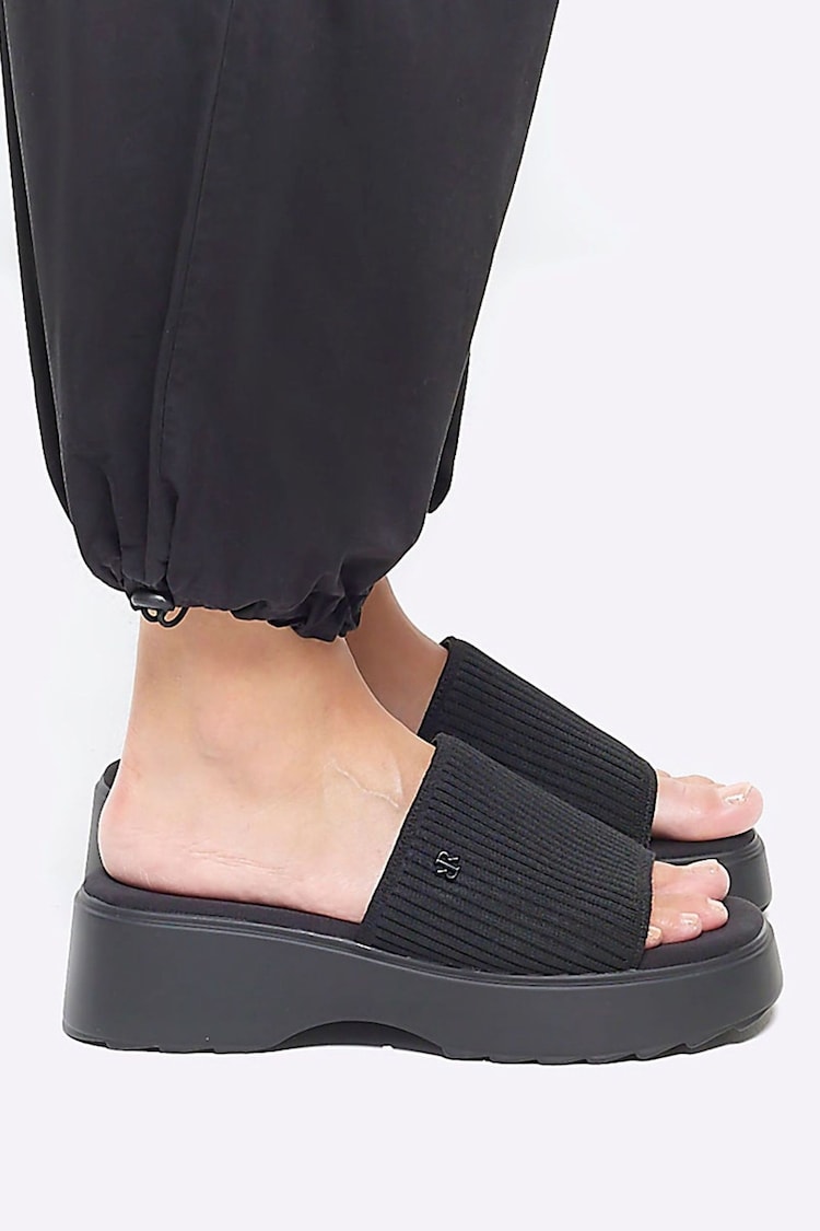 River Island Black Wide Fit Knitted Mule Flatform Sandals - Image 1 of 6