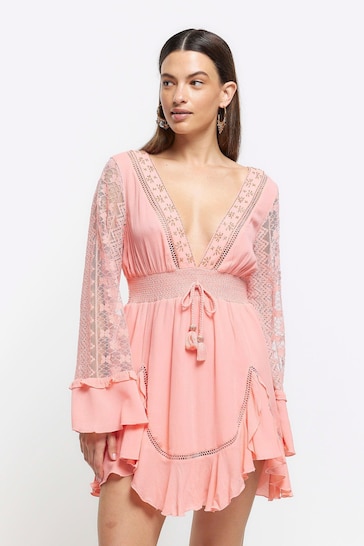 River Island Pink Plunge Angel Sleeve Mini Dress