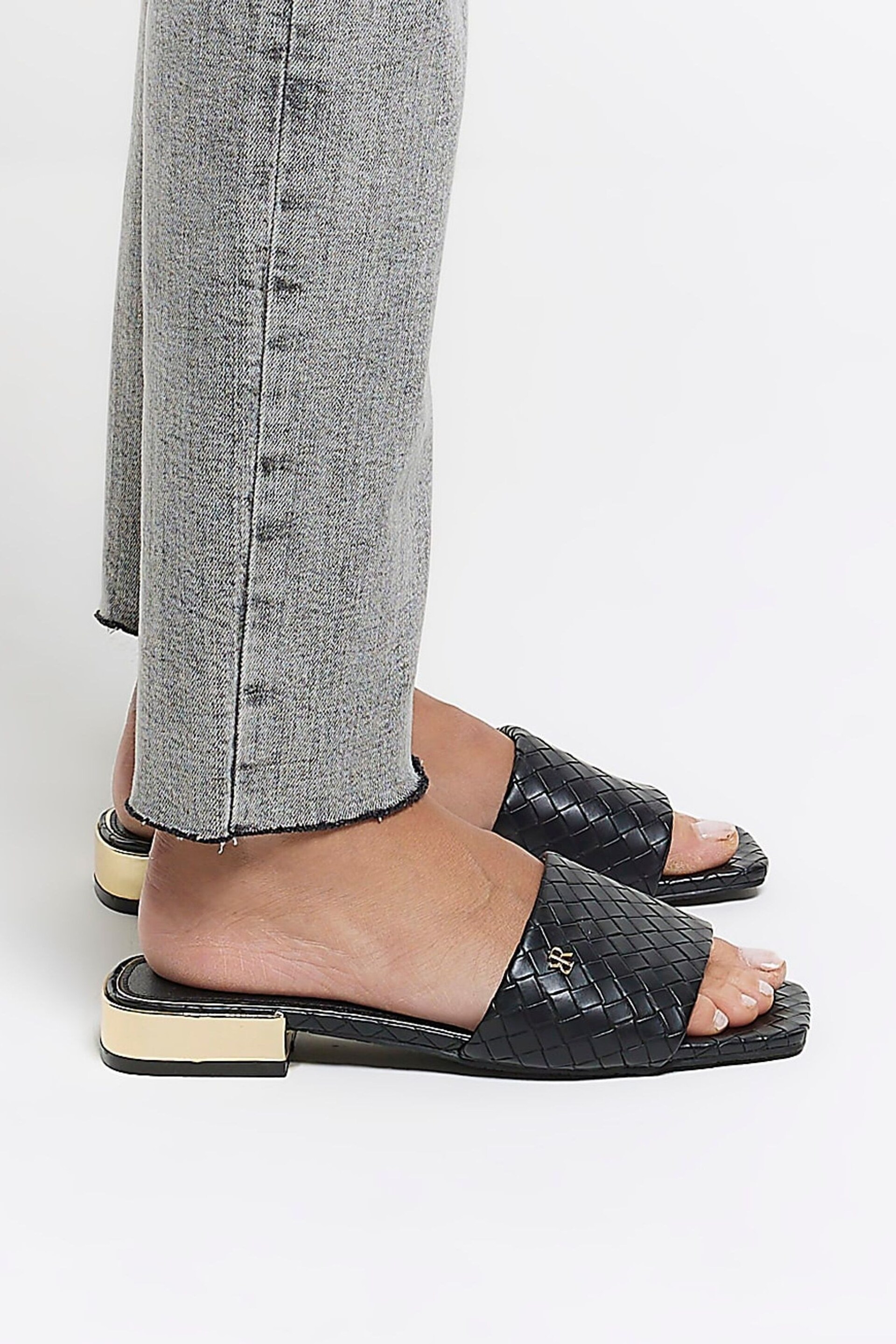 River Island Black Wide Fit Woven Mule Flat Sandals - Image 1 of 5