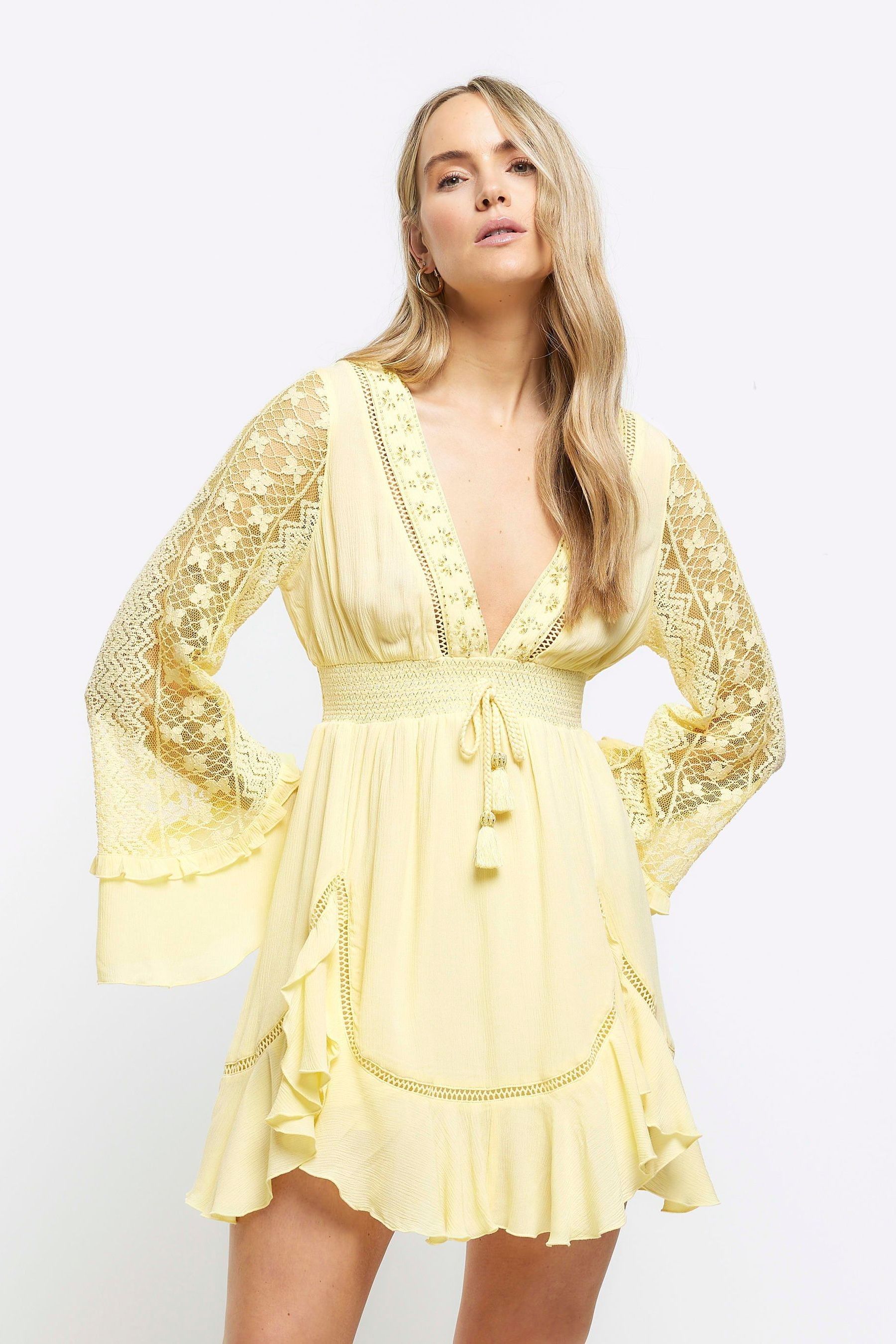 Buy River Island Yellow Angel Sleeve Frill Mini Dress from the Next UK online shop