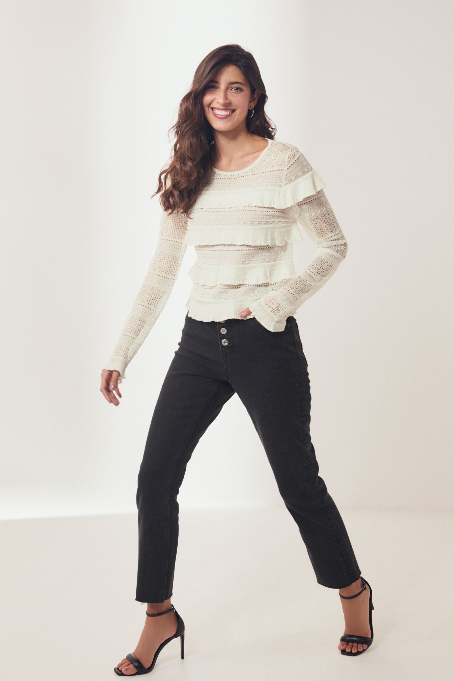 Buy Ecru White Pointelle Frill Jumper from Next Luxembourg