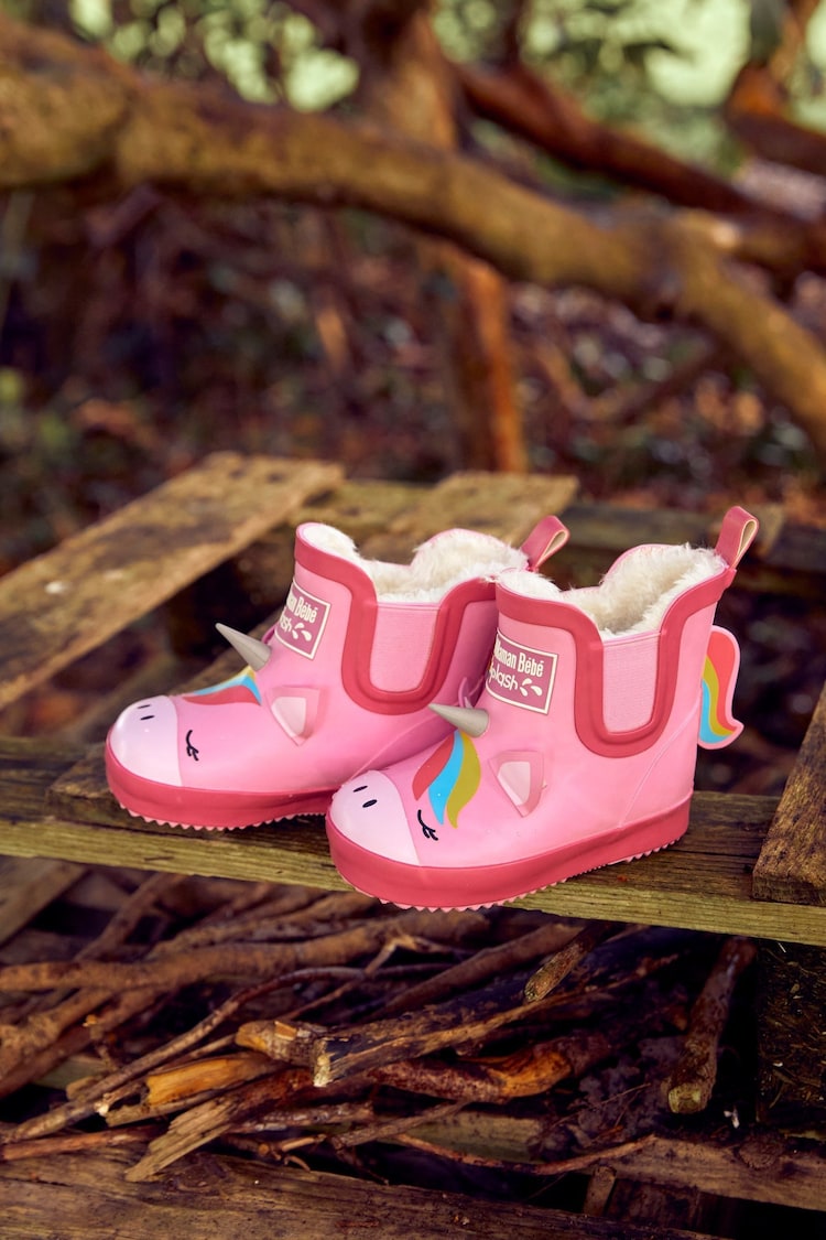 JoJo Maman Bébé Pink Cosy Lined Unicorn Ankle Wellies - Image 1 of 6