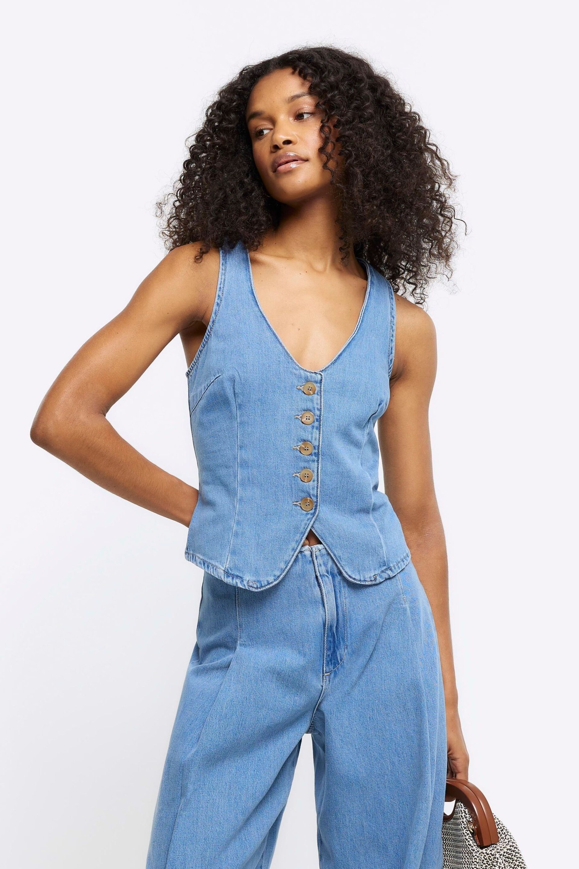 River Island Blue Denim Button Front Waistcoat - Image 1 of 5