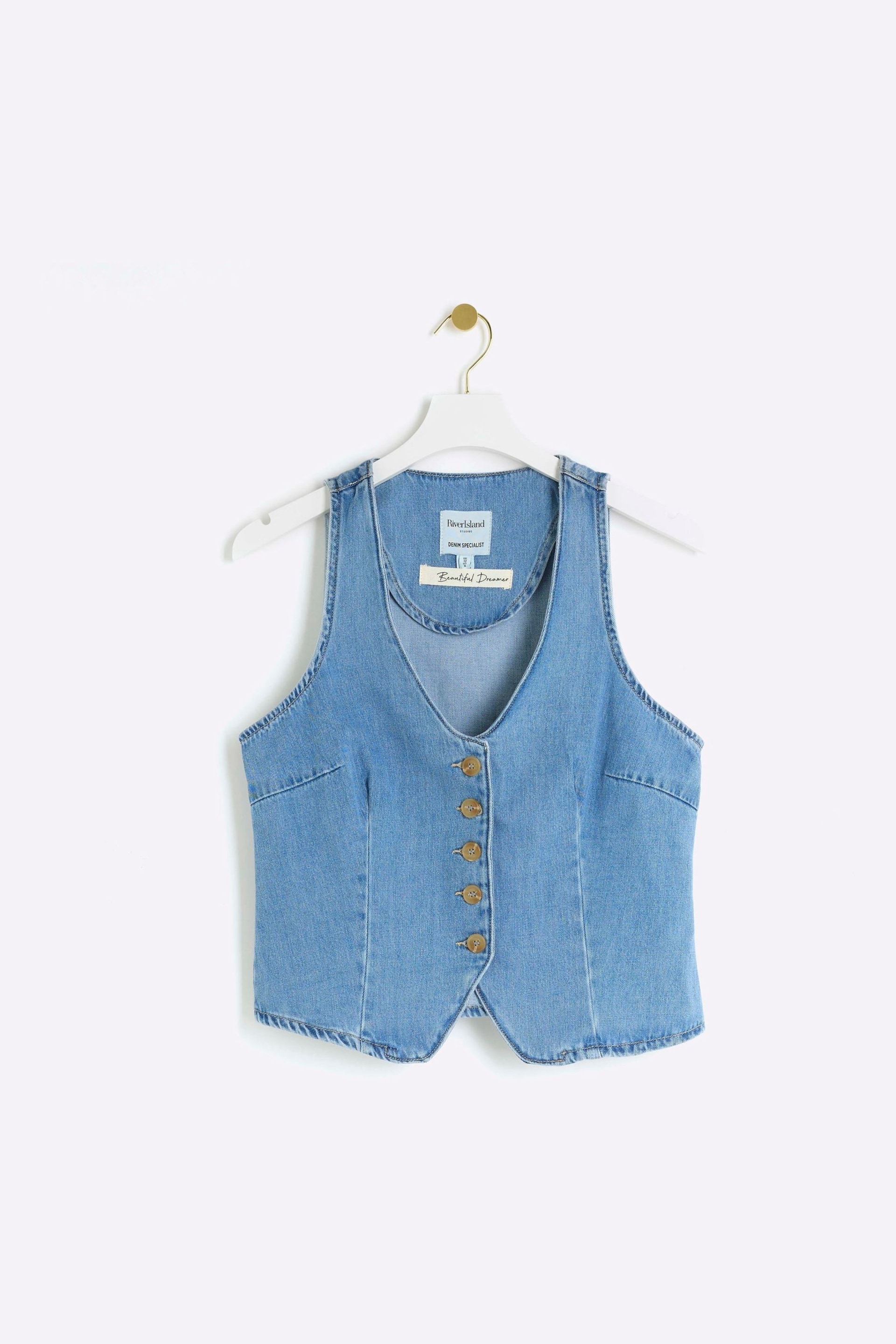 River Island Blue Denim Button Front Waistcoat - Image 4 of 5