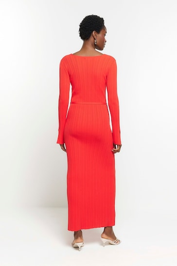 River Island Red Ribbed Belted Maxi Dress