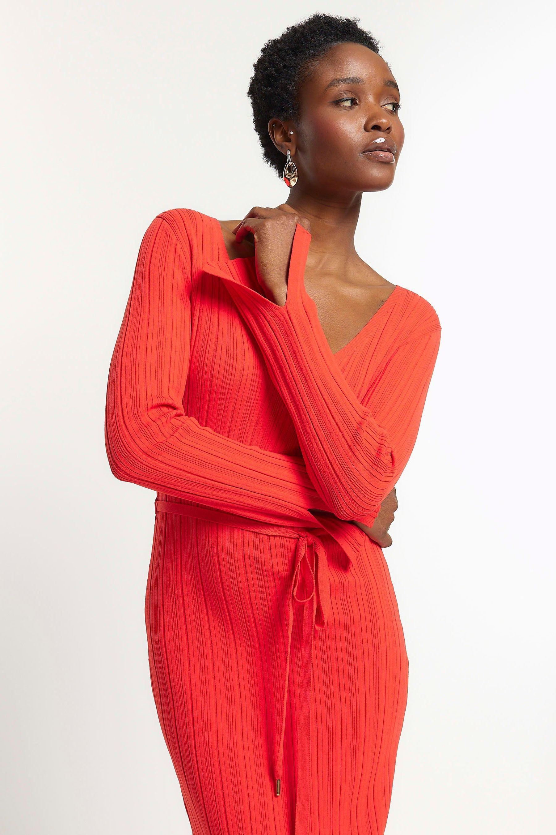 River Island Red Maxi Ribbed Belted Dress