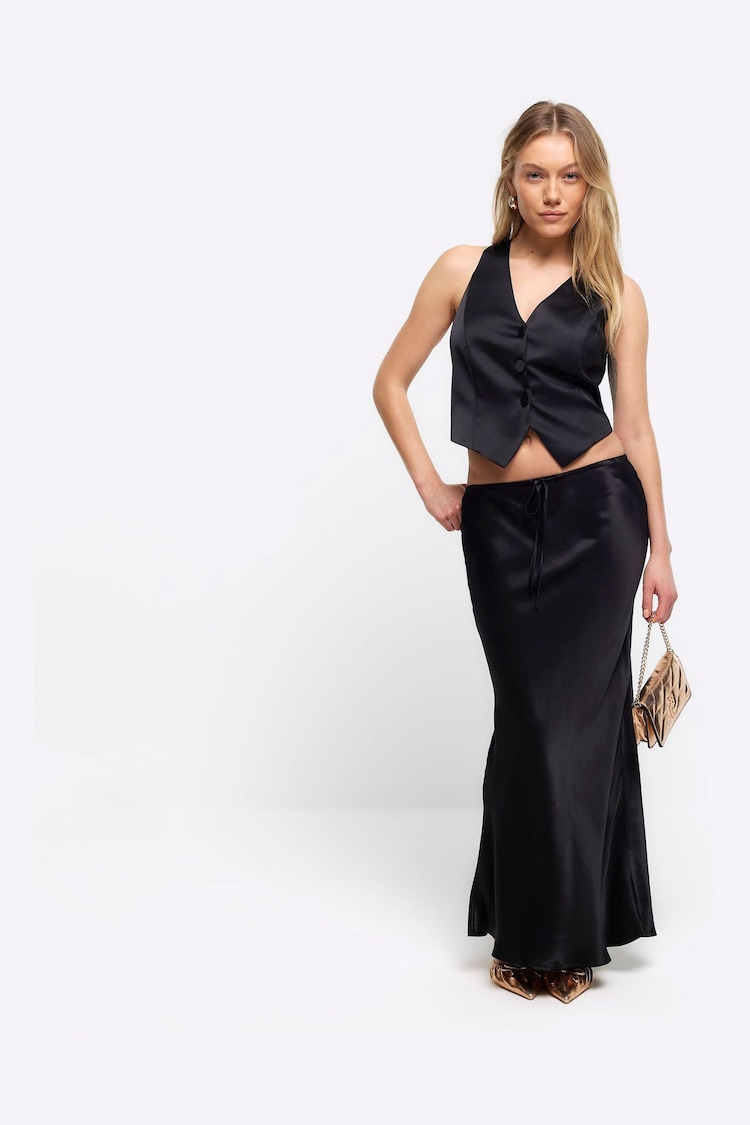 River Island Black Petite Tie Waist Bias Skirt - Image 1 of 5