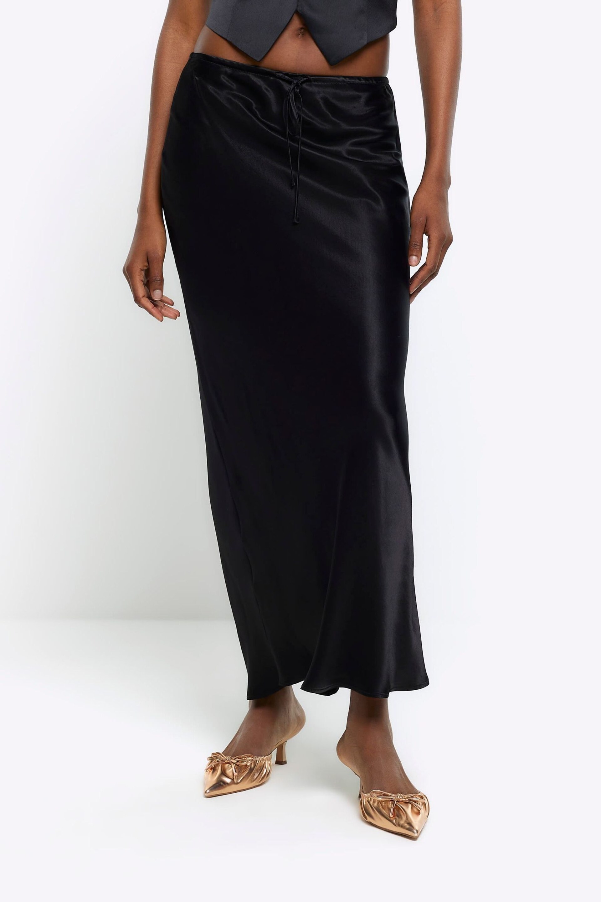 River Island Black Tie Waist Bias Skirt - Image 1 of 4