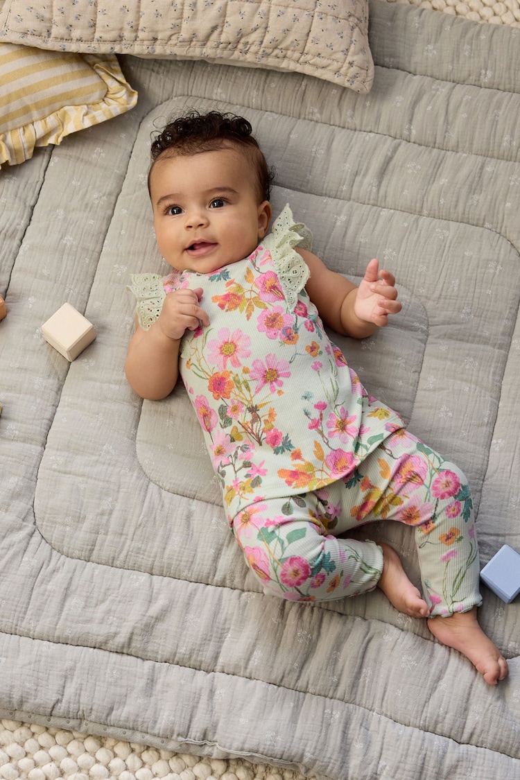 Sage Green Floral Baby Short Sleeve Top And Leggings Set - Image 1 of 11