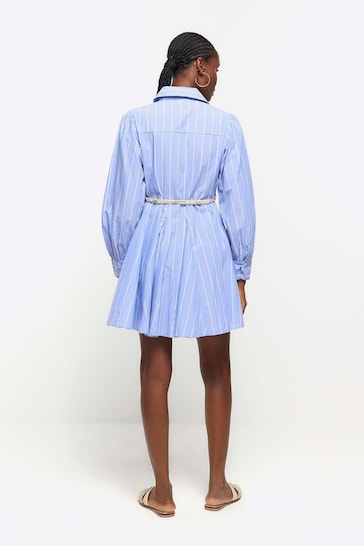 River Island Blue Stripe Belted Mini Shirt Dress
