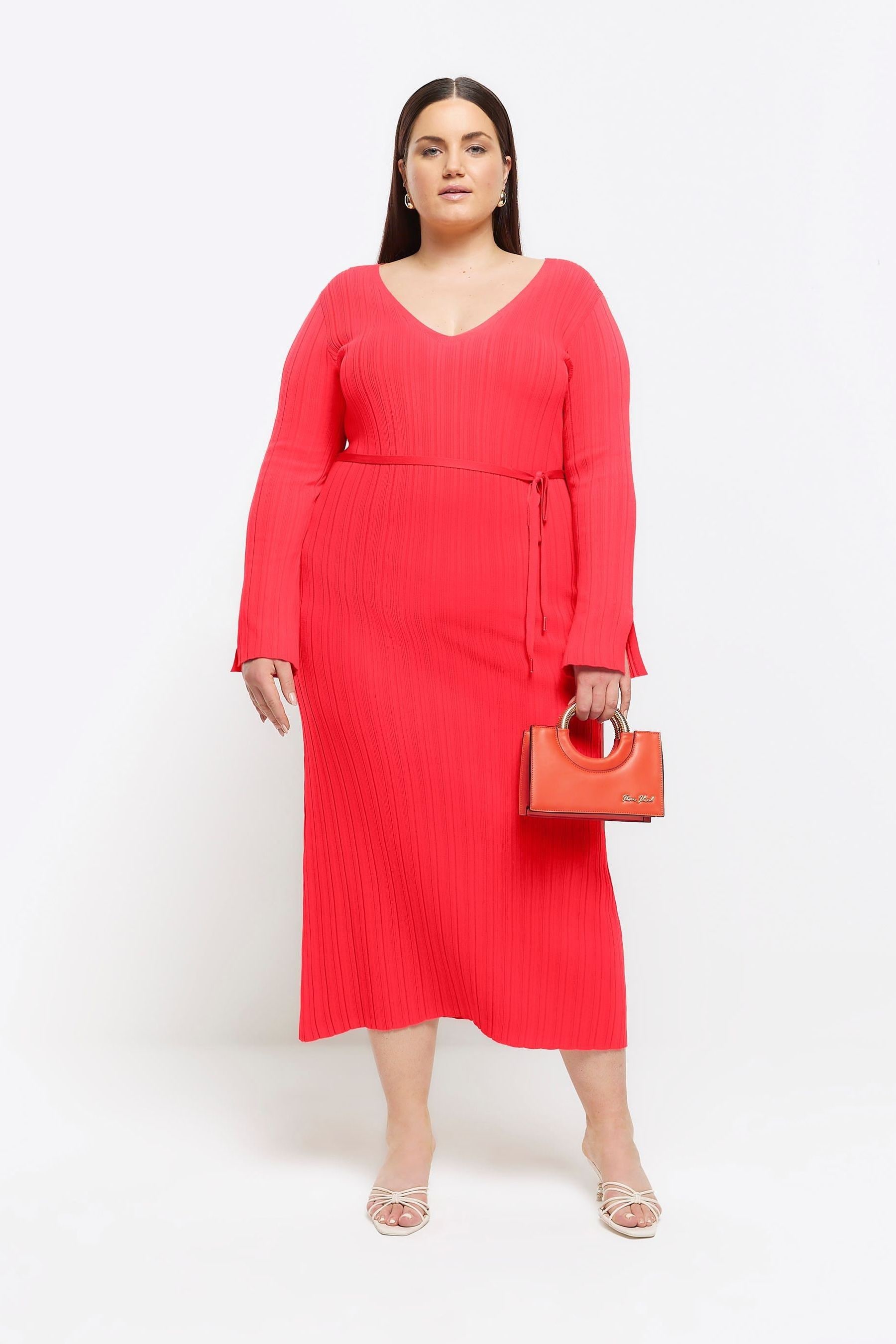 Buy River Island Red Plus Maxi Ribbed Belted midi Dress from the
