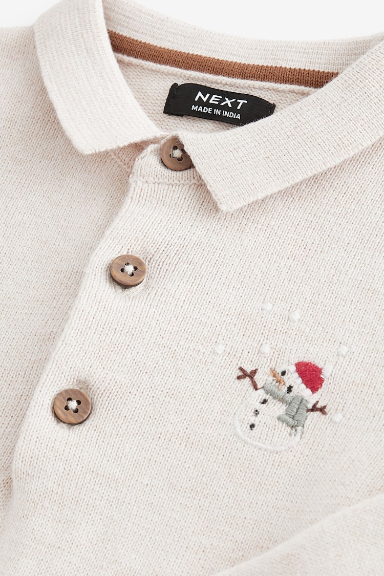 Ecru Santa Snowman 100% Cotton Christmas Long Sleeve Knitted Polo Shirt (3mths-7yrs) - Image 7 of 7