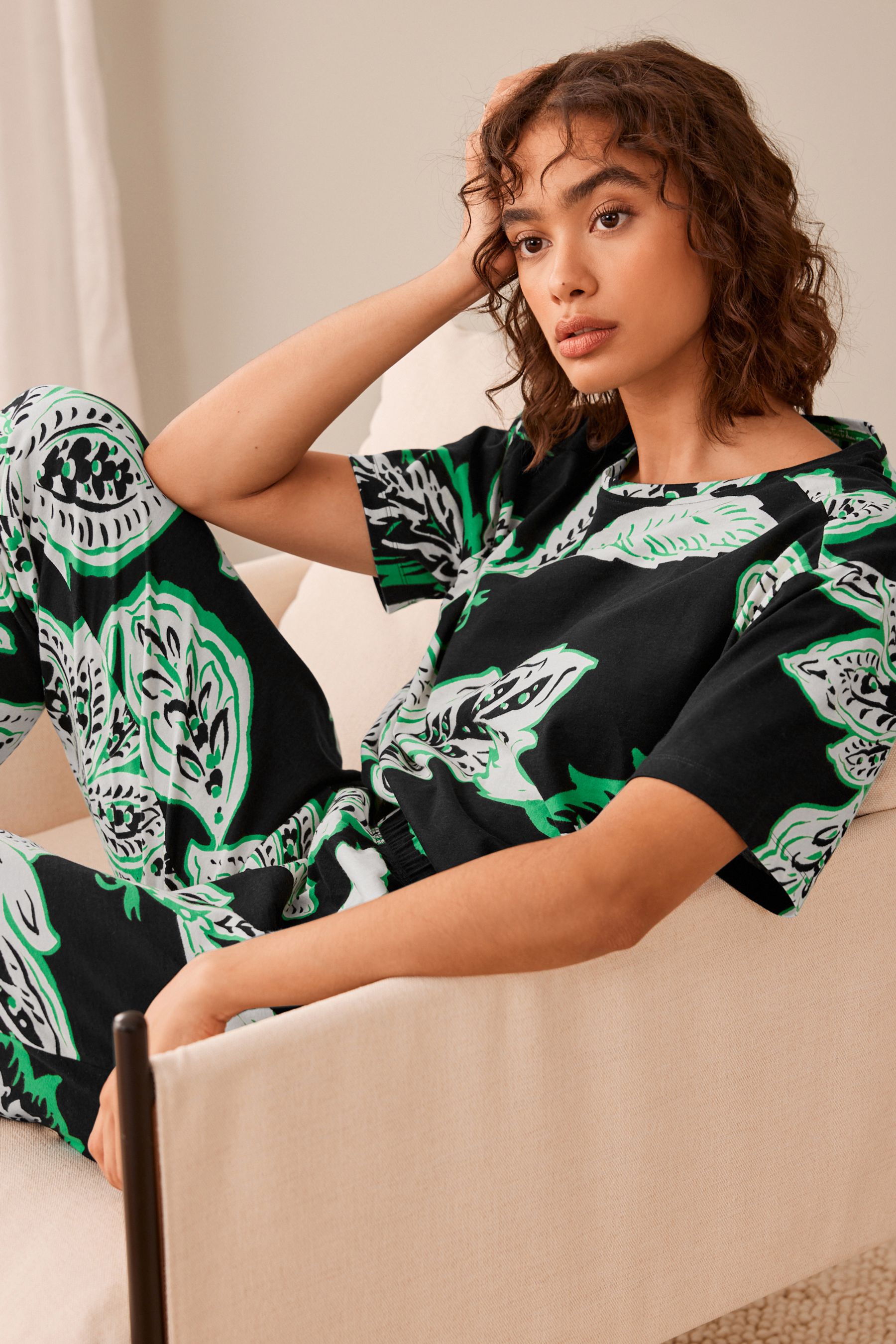 Buy Black Floral Short Sleeve Cotton Pyjamas from Next Luxembourg