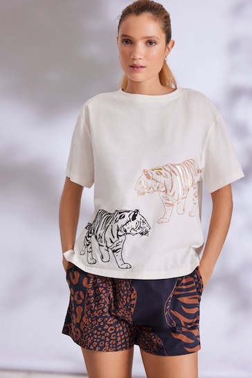 Cream Tiger Cotton Short Set Pyjamas