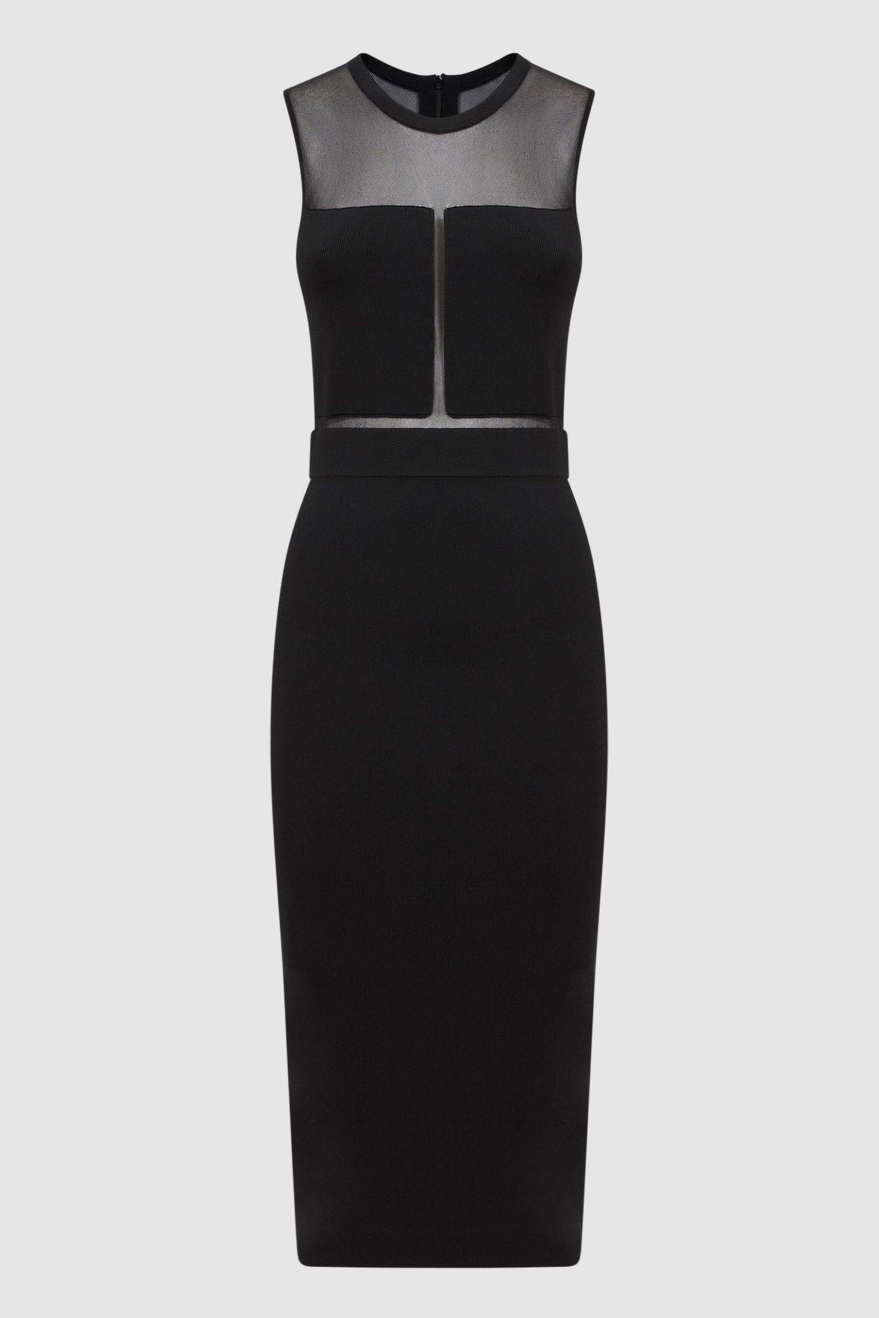 Buy Reiss Black Lucia Sheer Knitted Bodycon Midi Dress from the