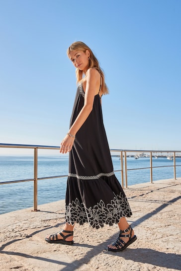 Black/Cream Embroidered Strappy Midaxi Summer Dress