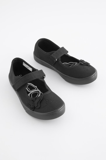 Black Standard Fit (F) Butterfly Embroidered Plimsolls