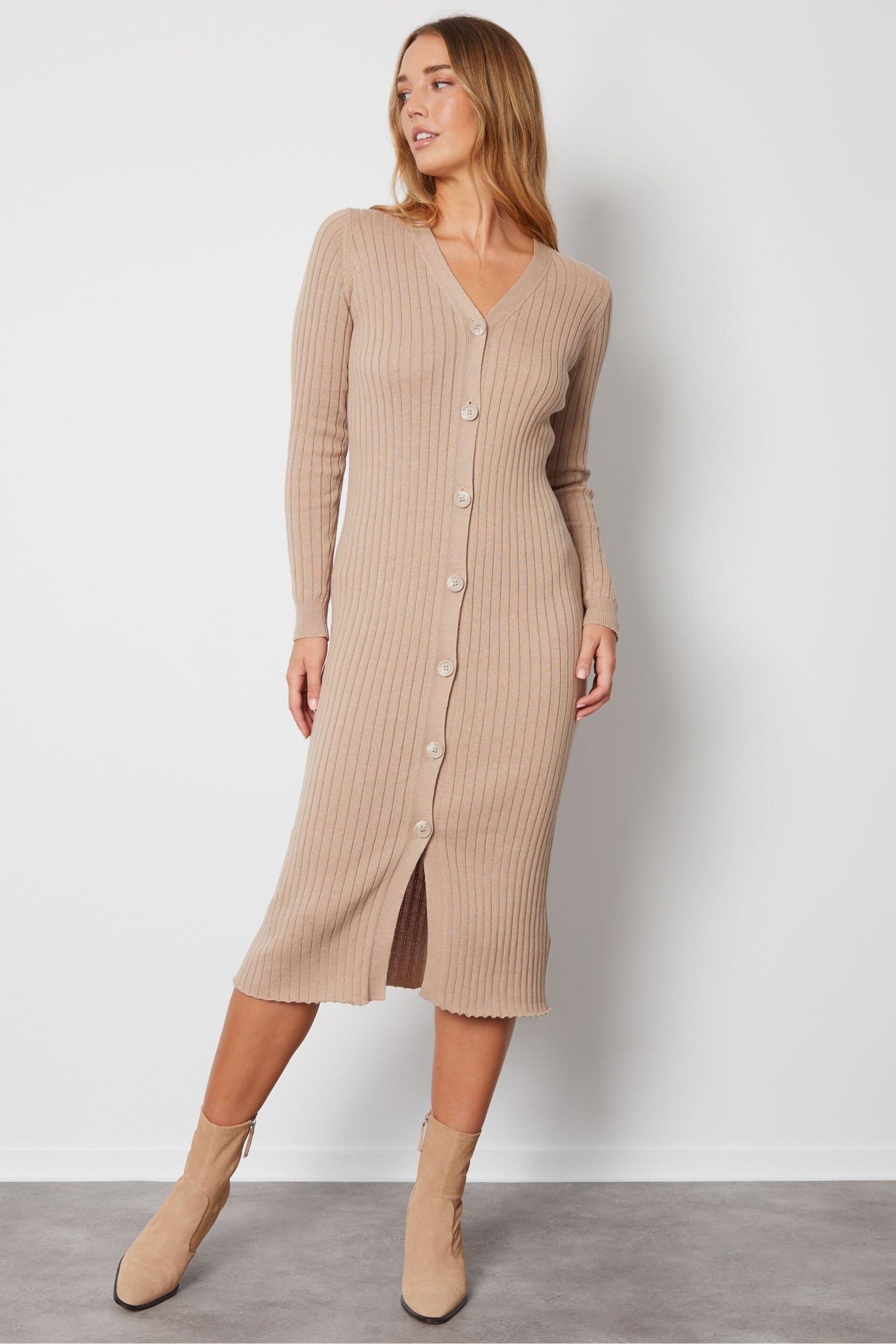 Threadbare Brown Cardigan Style Knitted Midi Dress - Image 1 of 1