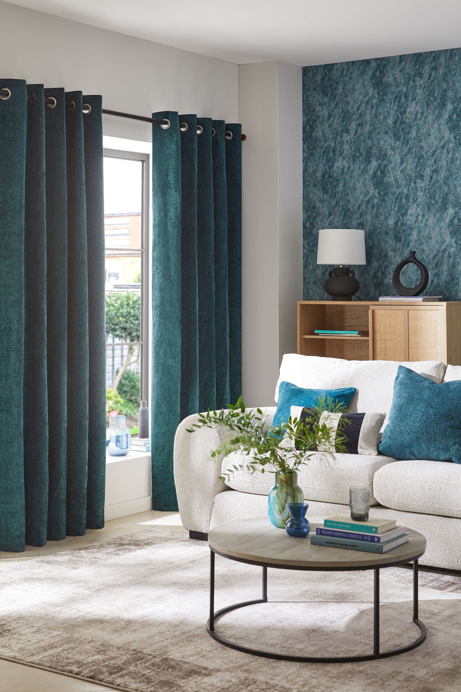 Buy Dark Teal Green Heavyweight Chenille Eyelet Lined Curtains from Next Luxembourg