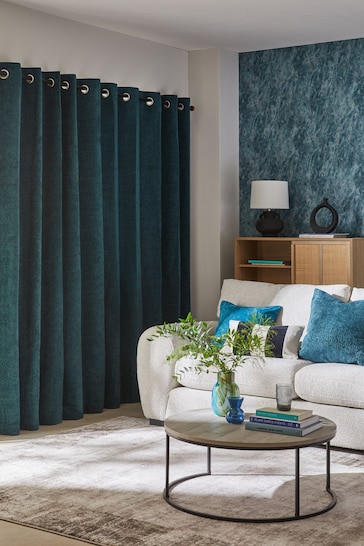 Dark Teal Green Next Heavyweight Chenille Eyelet Lined Curtains