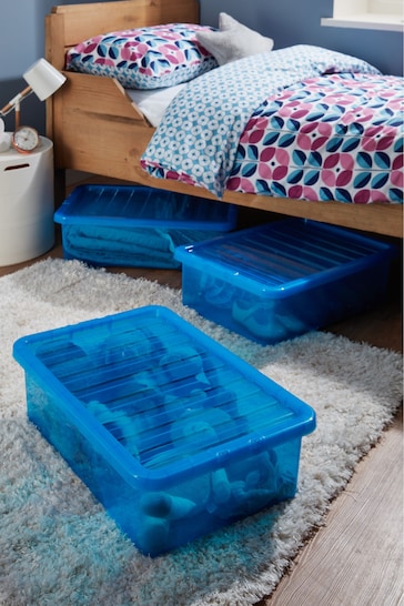 Wham Set of 3 Blue Crystal 32L Plastic Storage U/Bed Box & Lid