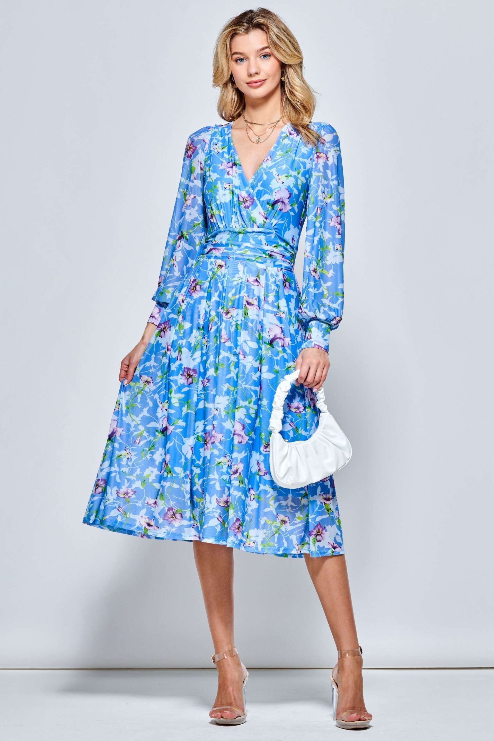 Jolie Moi Light Blue Floral Long Sleeve Mesh Midi Dress - Image 1 of 5