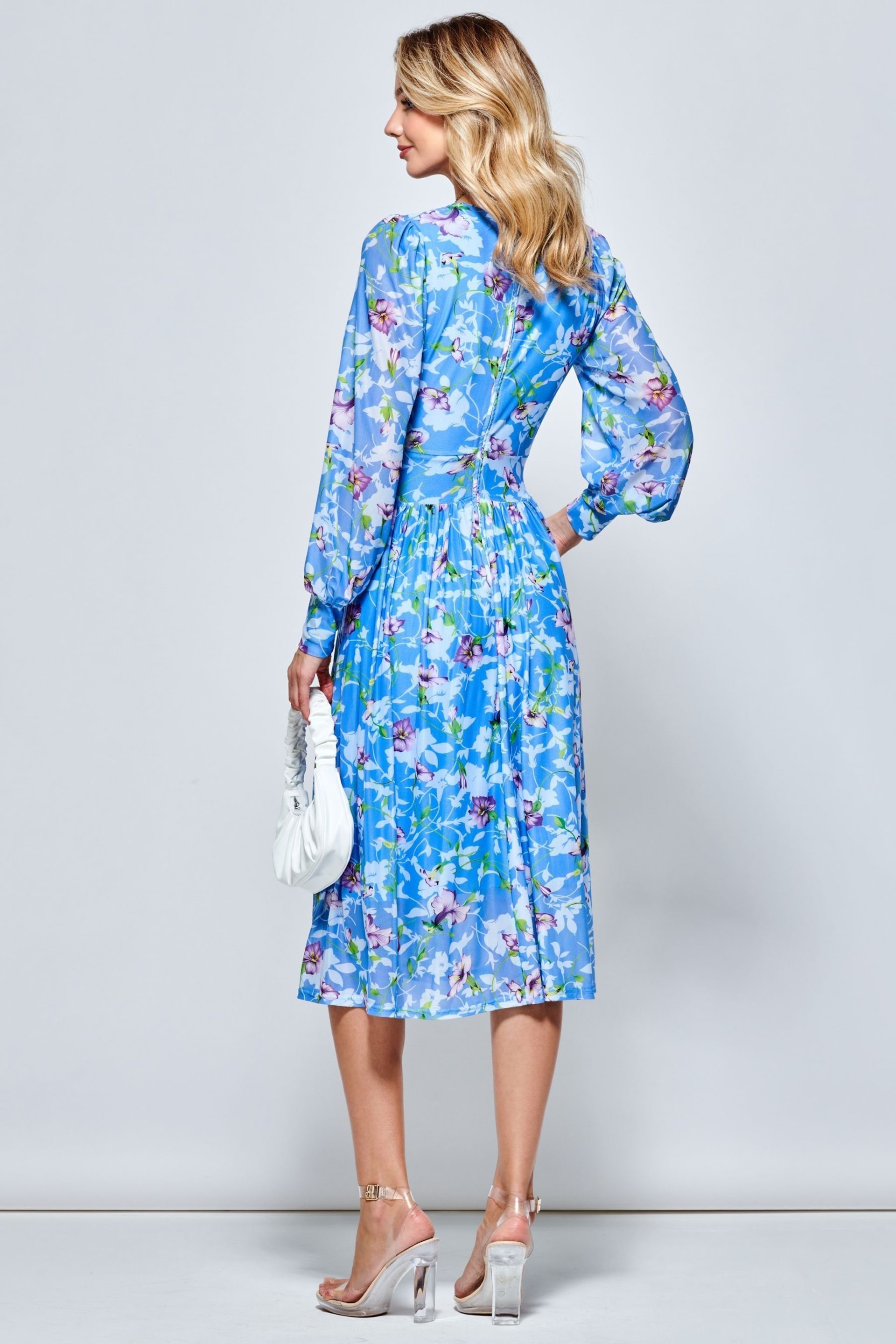 Jolie Moi Light Blue Floral Long Sleeve Mesh Midi Dress - Image 2 of 5