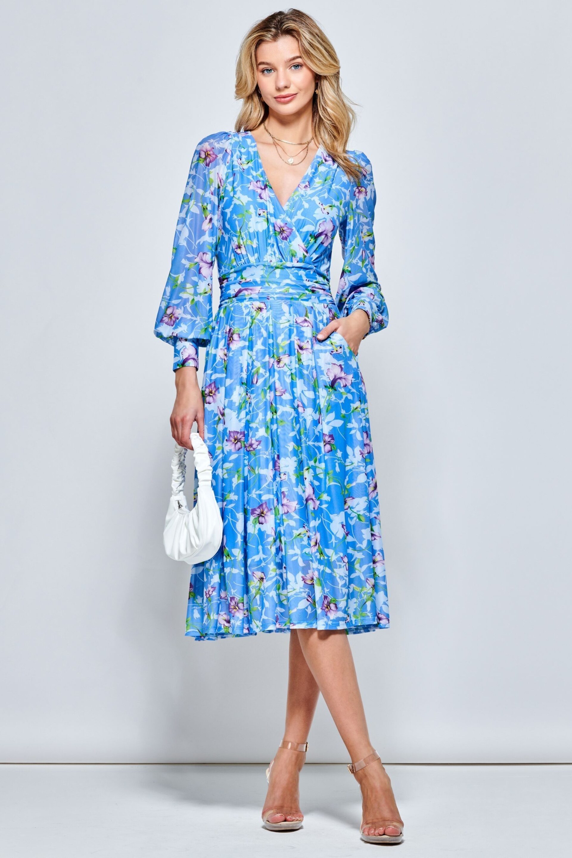 Jolie Moi Light Blue Floral Long Sleeve Mesh Midi Dress - Image 4 of 5