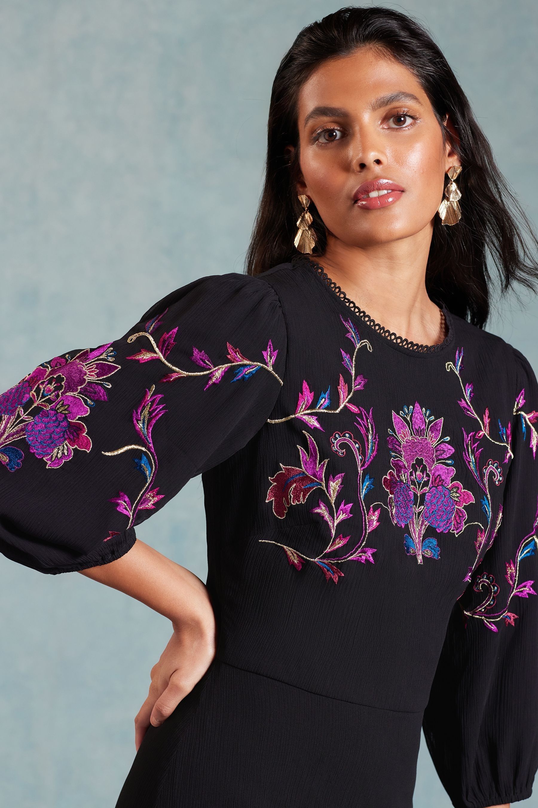 Buy Love Roses Black Embroidered Puff Sleeve Maxi Dress from the Next UK online shop