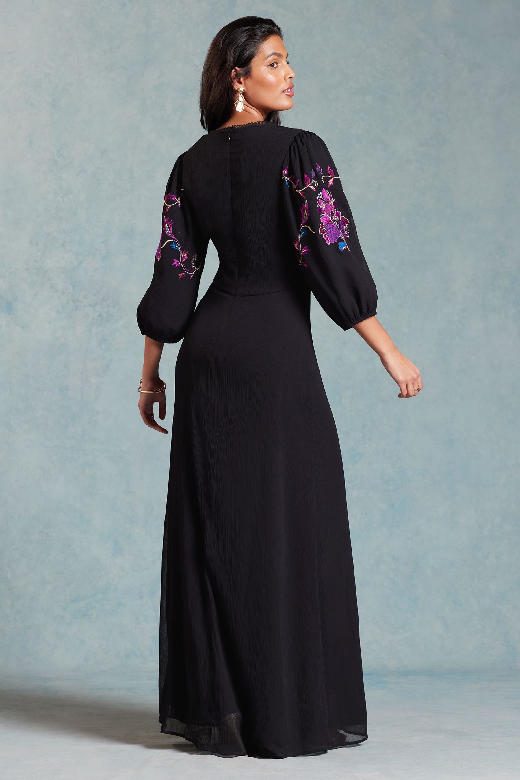 Buy Love Roses Black Embroidered Puff Sleeve Maxi Dress from Next France