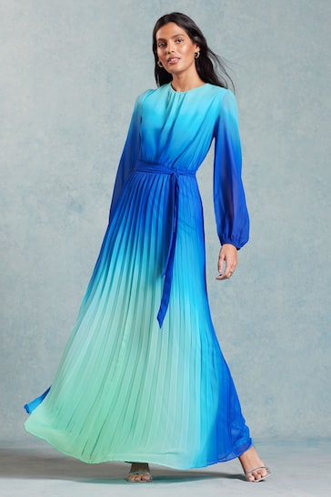 Love & Roses Blue Ombre Belted Long Sleeve Pleated Maxi Dress