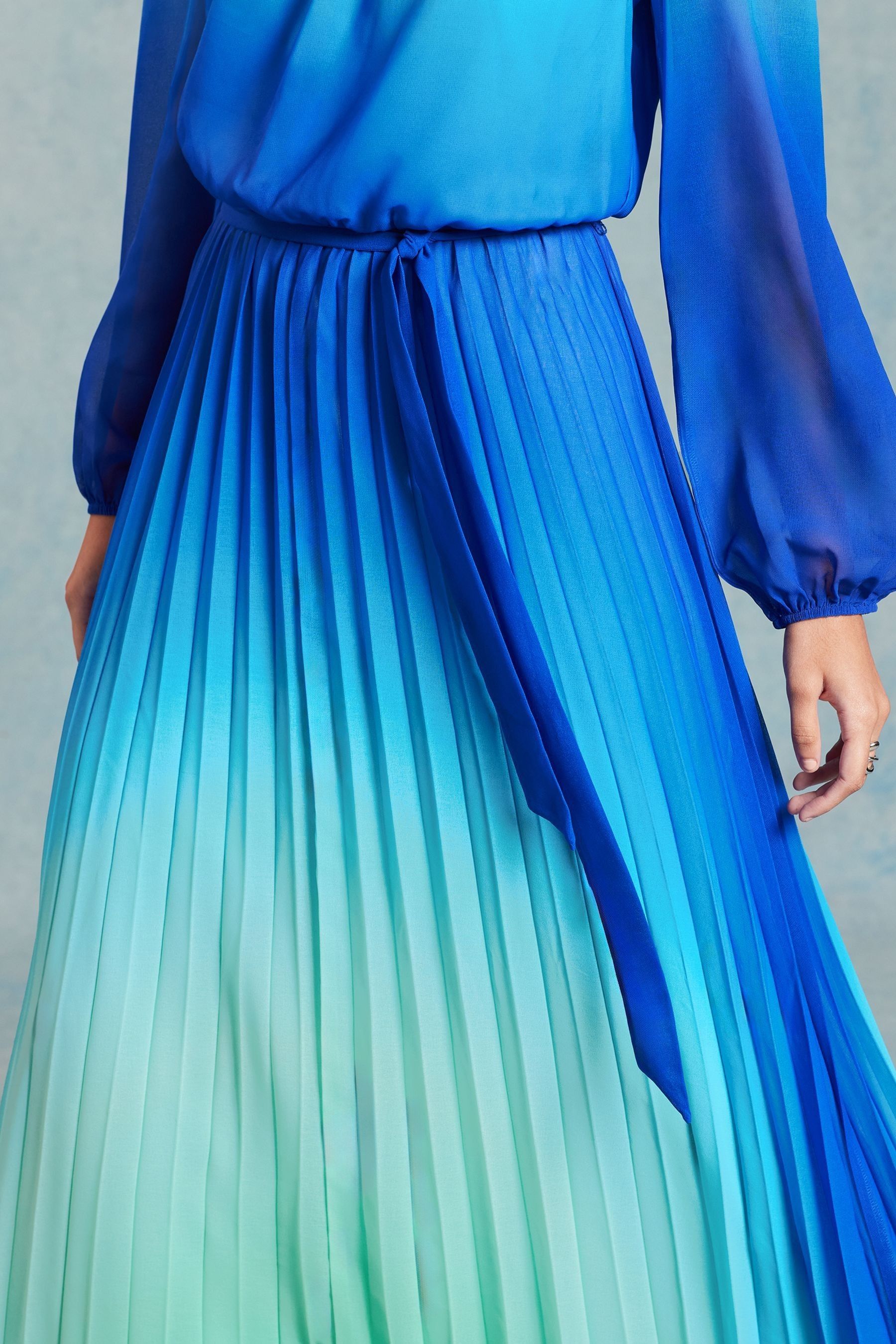 Buy Love Roses Blue Ombre Belted Long Sleeve Pleated Maxi Dress from Next Luxembourg