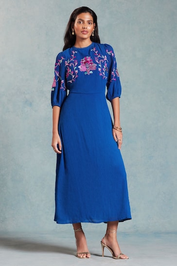 V&A | Love & Roses Blue Embroidered Puff Sleeve Midi Dress