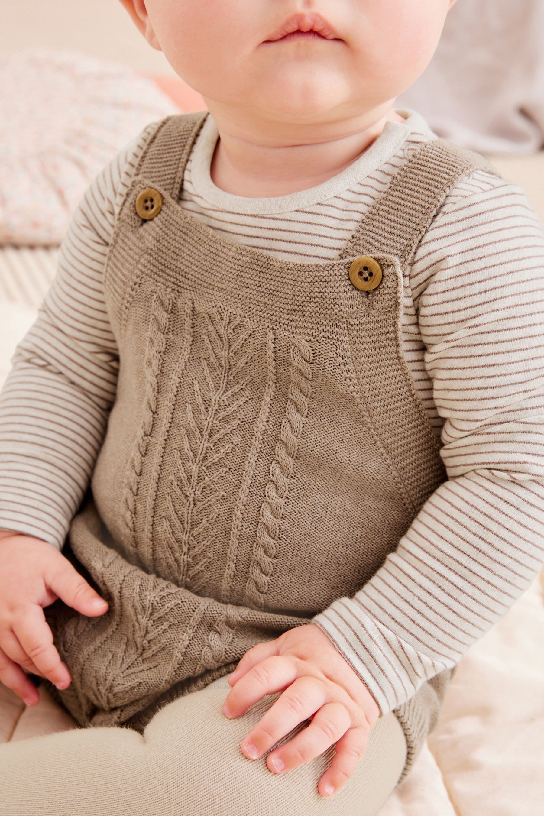 Brown Knitted Baby Romper Top Tights 3 Piece Set 0 18mths