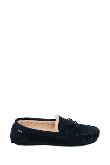 Totes Navy Suedette Mens Moccasin Slippers With Faux Fur Lining