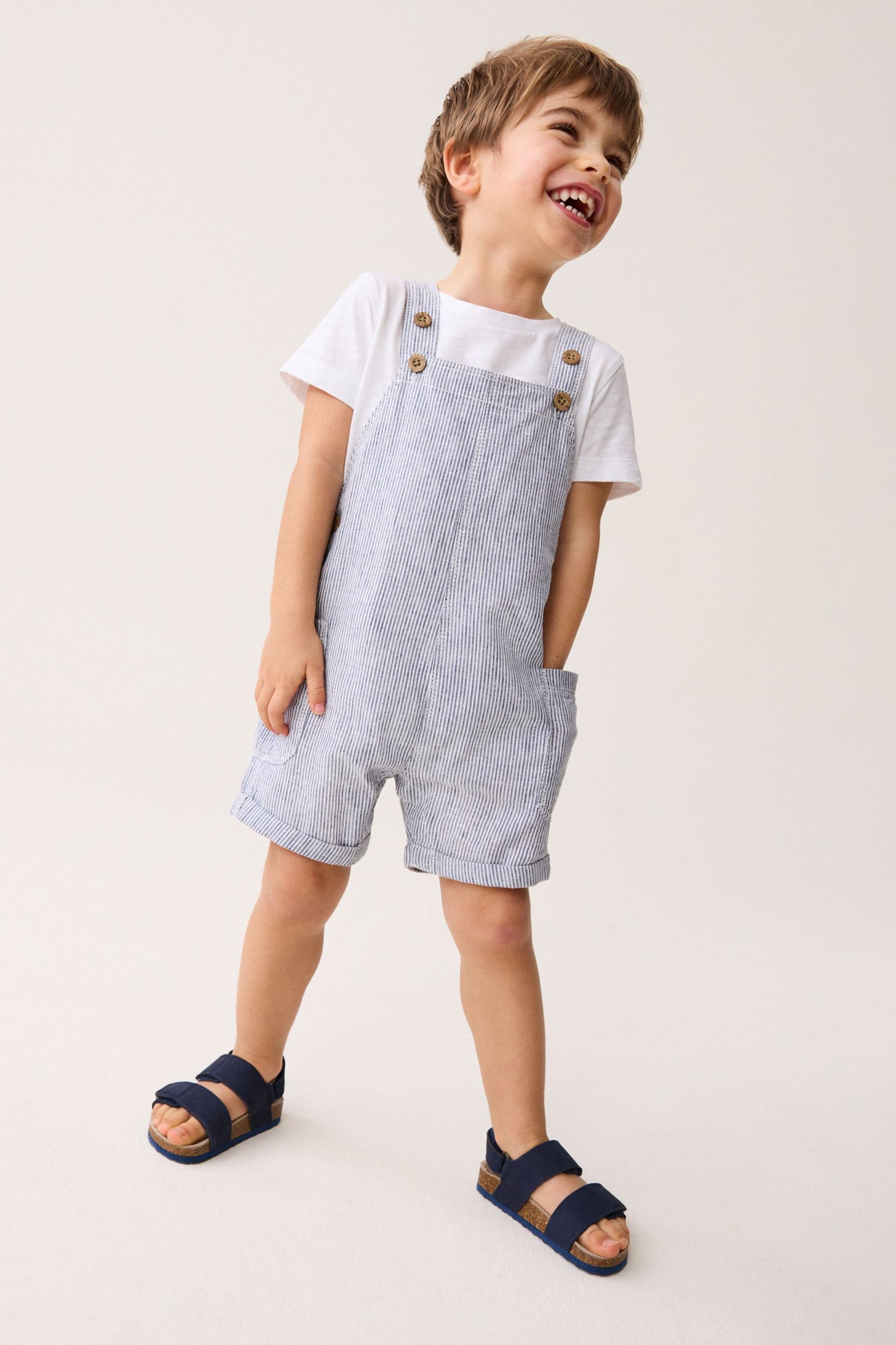 Blue/White Ticking Stripe Linen Blend Dungarees (3mths-7yrs) - Image 1 of 7