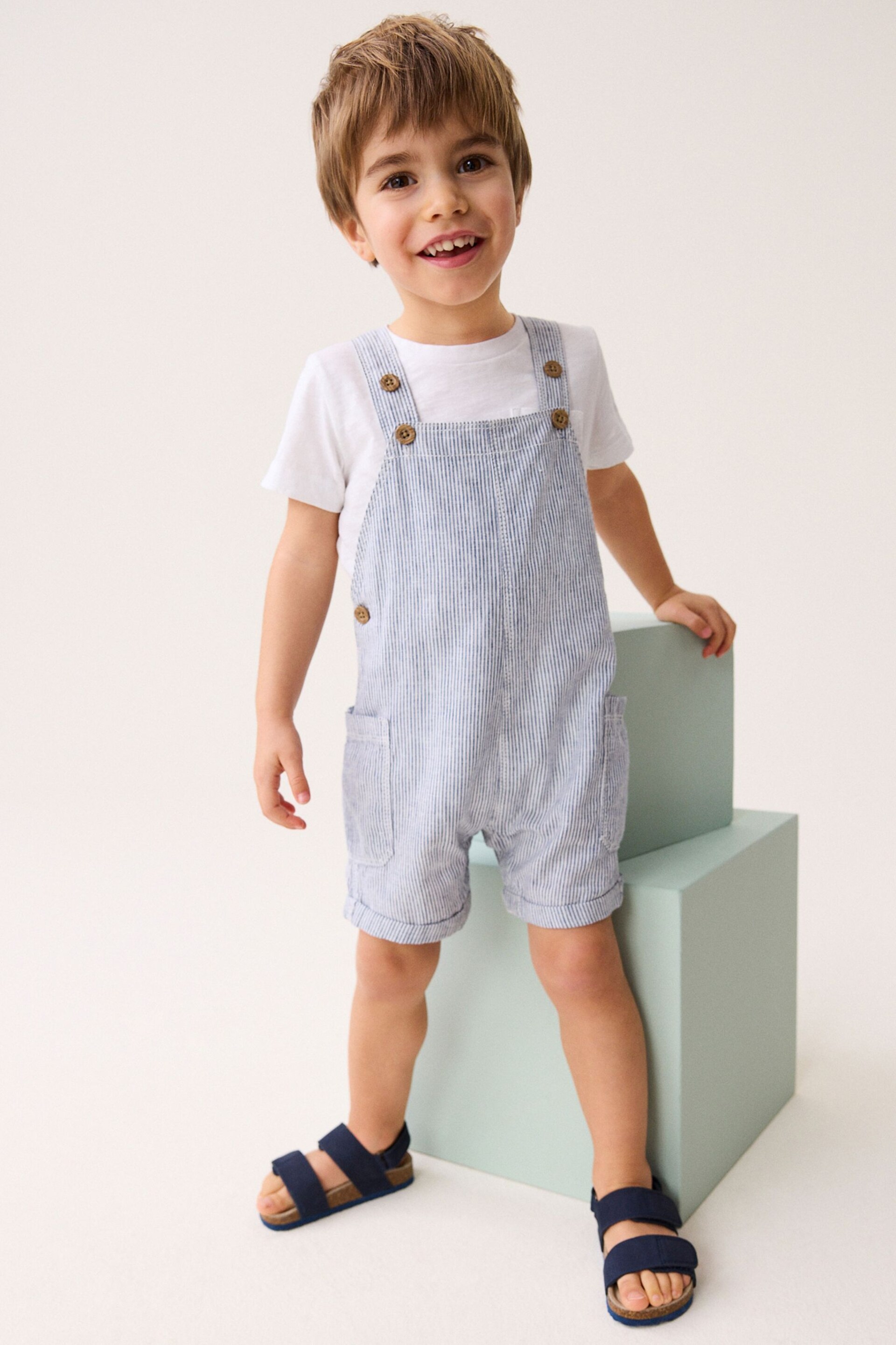 Blue/White Ticking Stripe Linen Blend Dungarees (3mths-7yrs) - Image 2 of 7