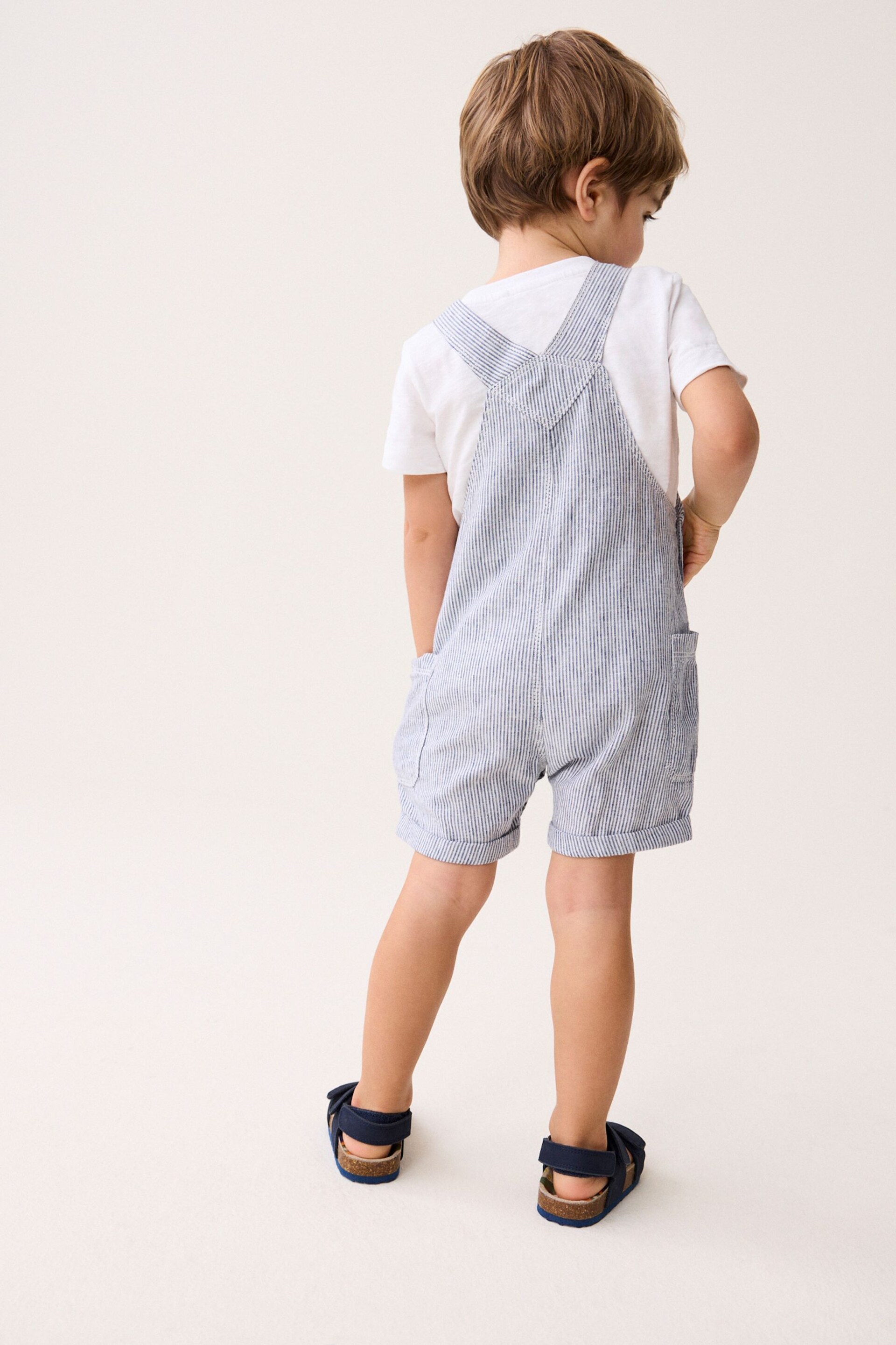 Blue/White Ticking Stripe Linen Blend Dungarees (3mths-7yrs) - Image 3 of 7