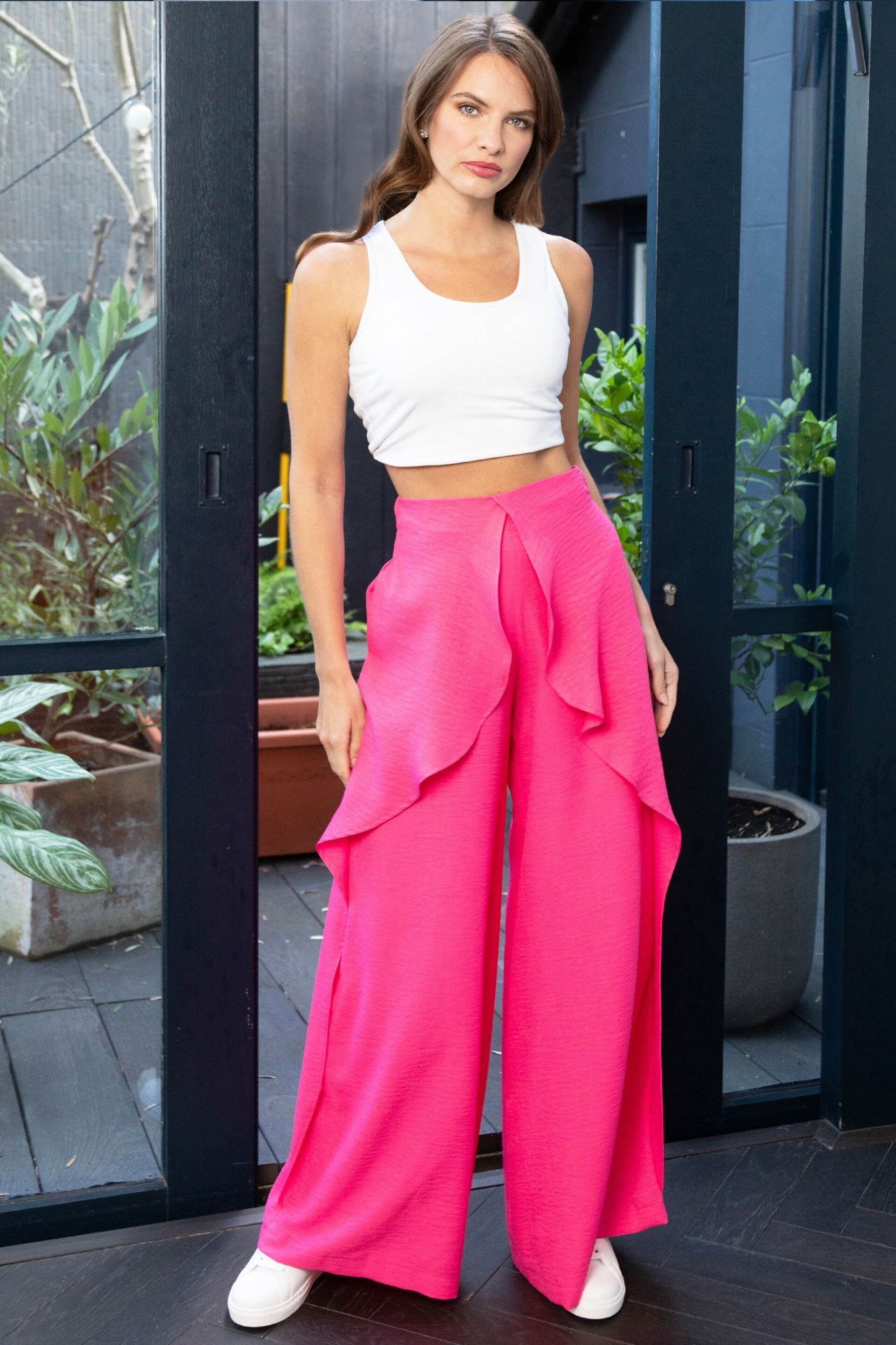 Hot Squash Pink Palazzo Joggers with Side Frill - Image 1 of 5
