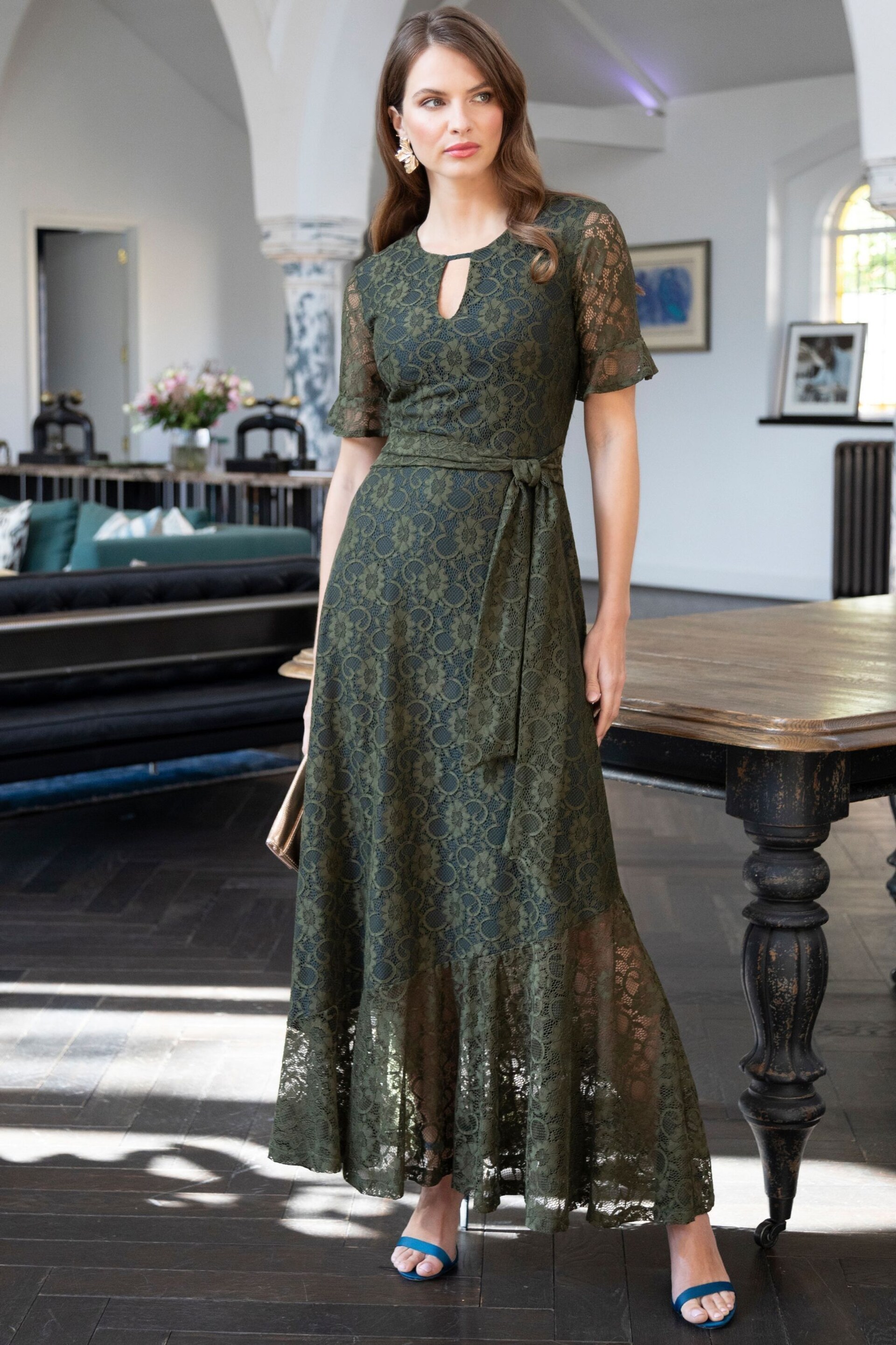 Hot Squash Green Keyhole Lace Dress with Asymmetric Hem - Image 1 of 5