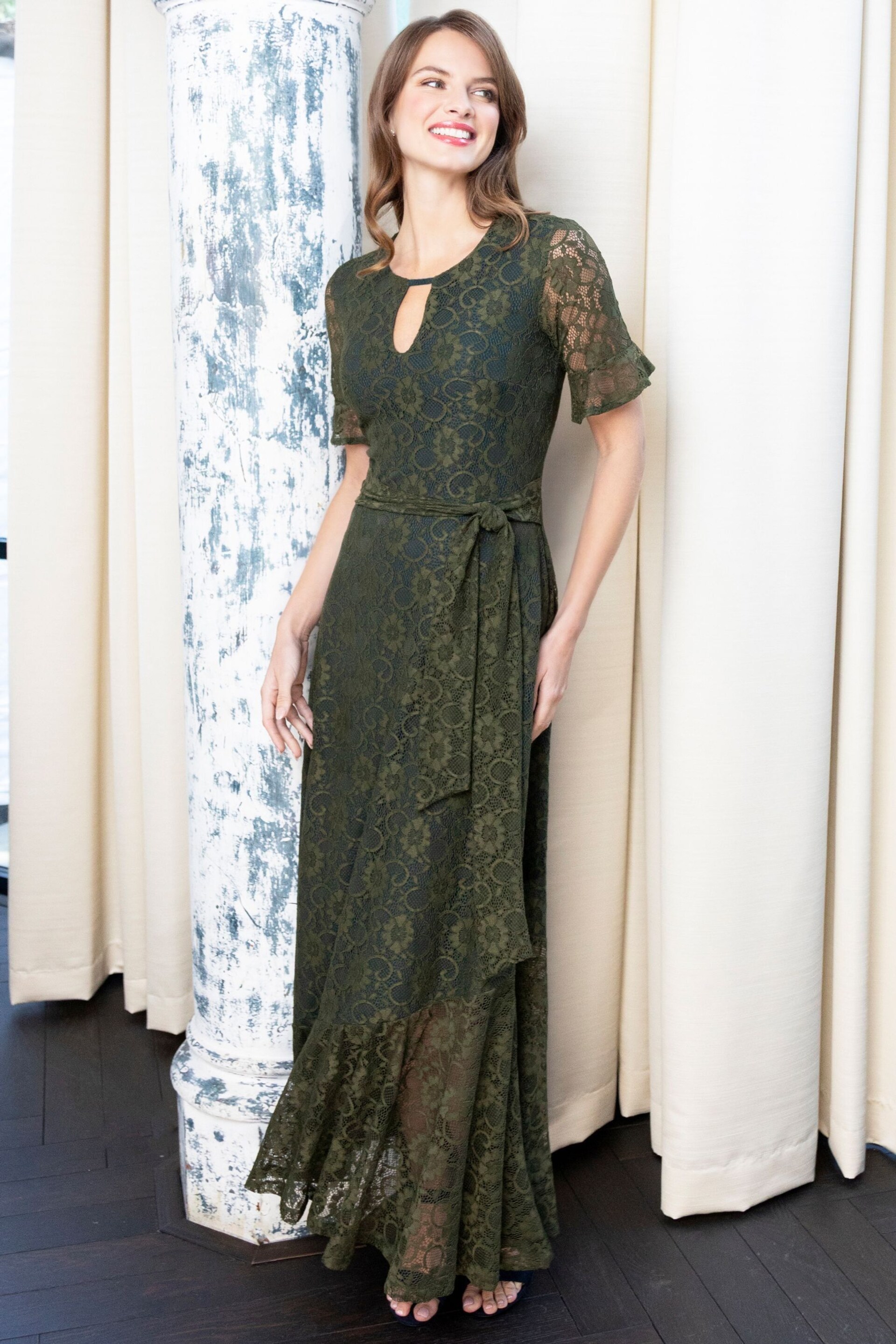 Hot Squash Green Keyhole Lace Dress with Asymmetric Hem - Image 3 of 5