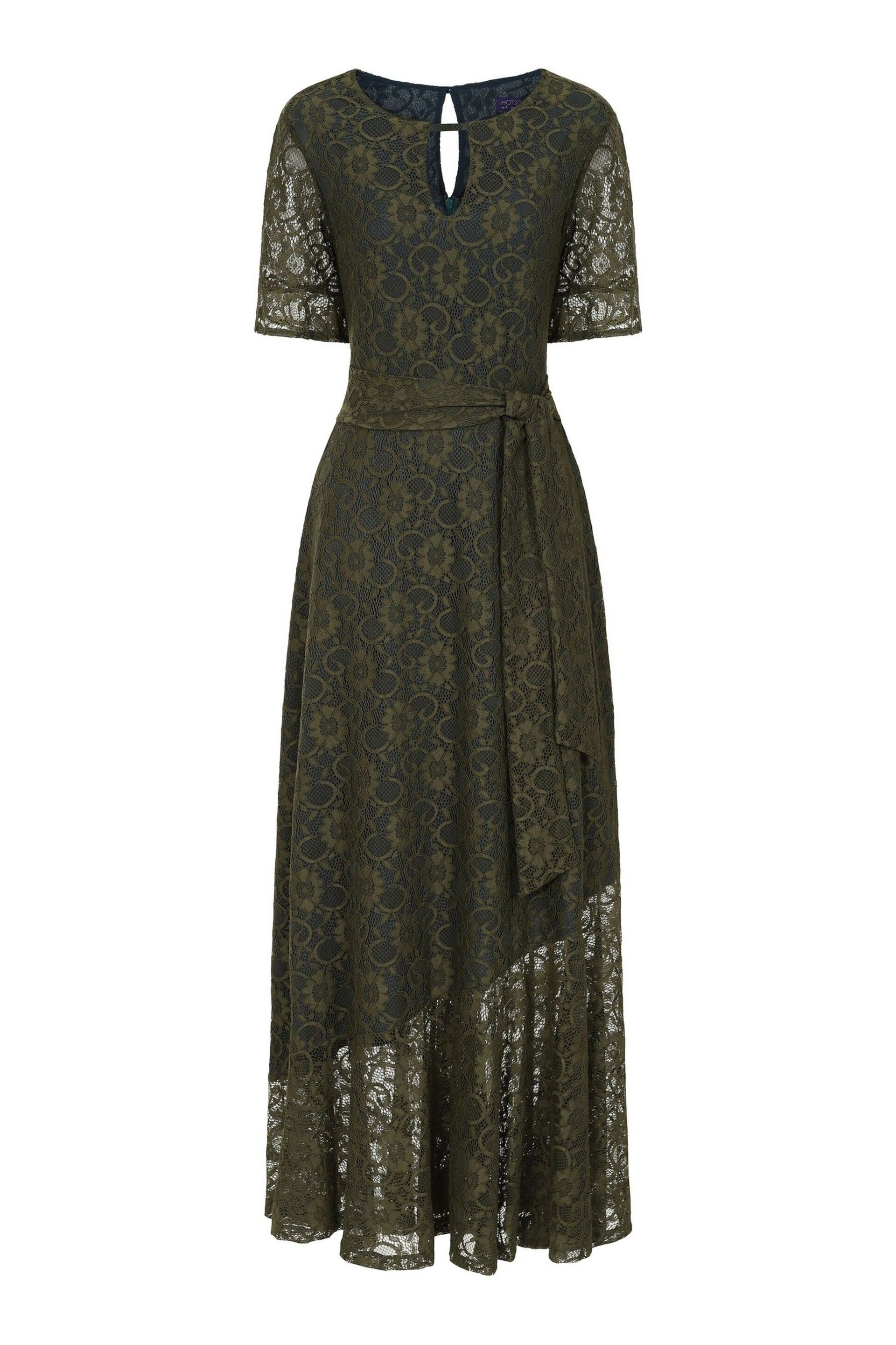 Hot Squash Green Keyhole Lace Dress with Asymmetric Hem - Image 5 of 5