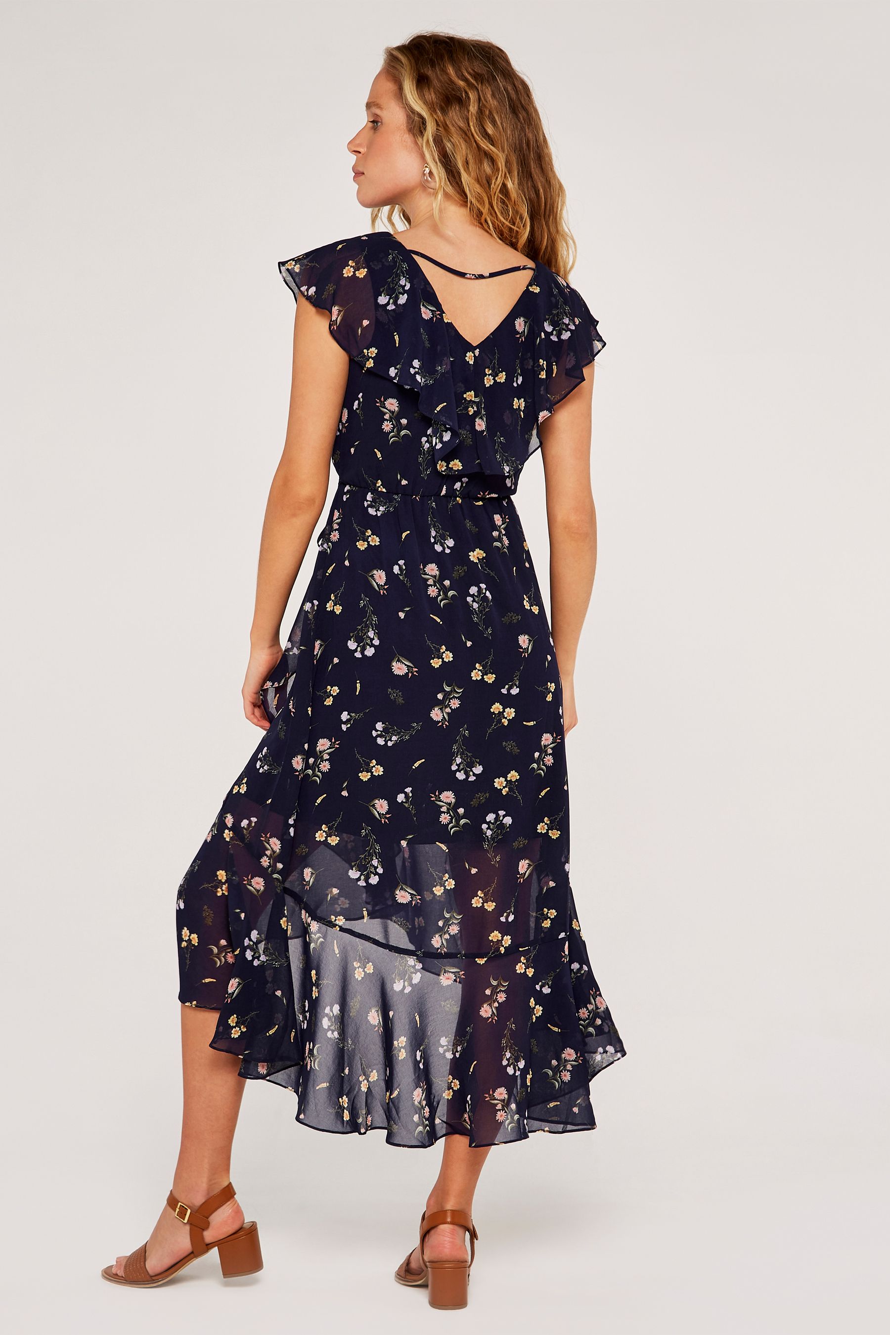 Apricot Blue Botanical Ruffle Wrap Midi Dress