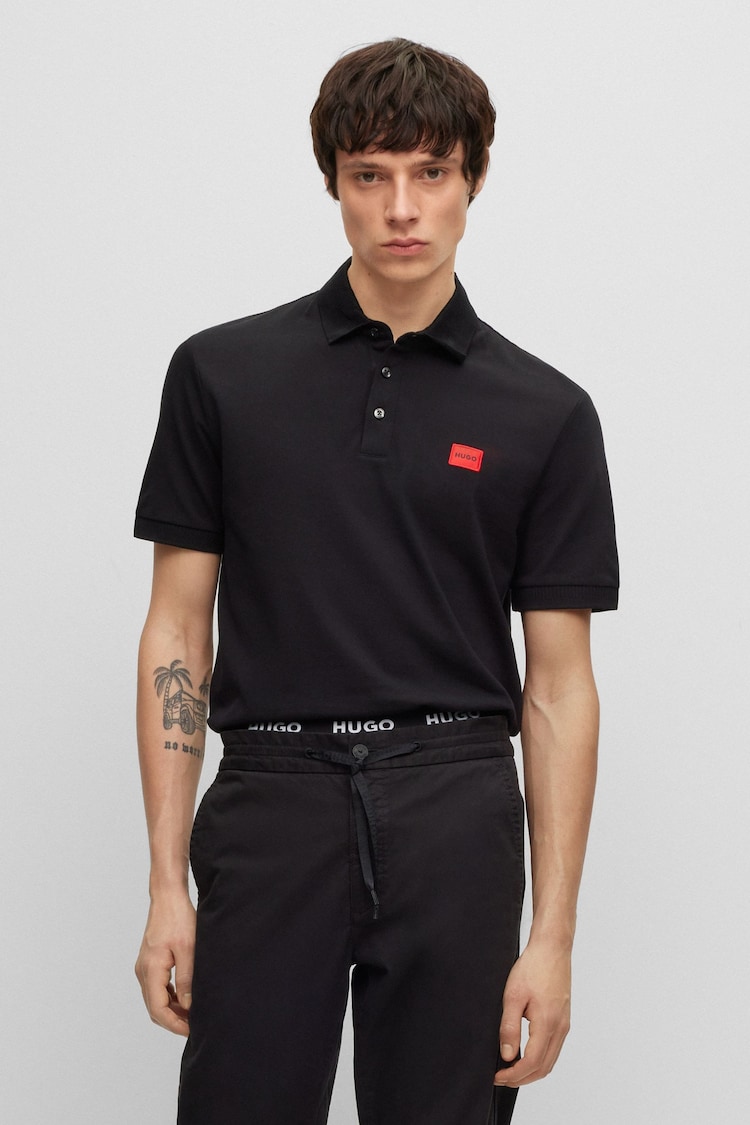 HUGO Black Cotton Box Logo Pique 100% Cotton Polo Shirt - Image 1 of 5