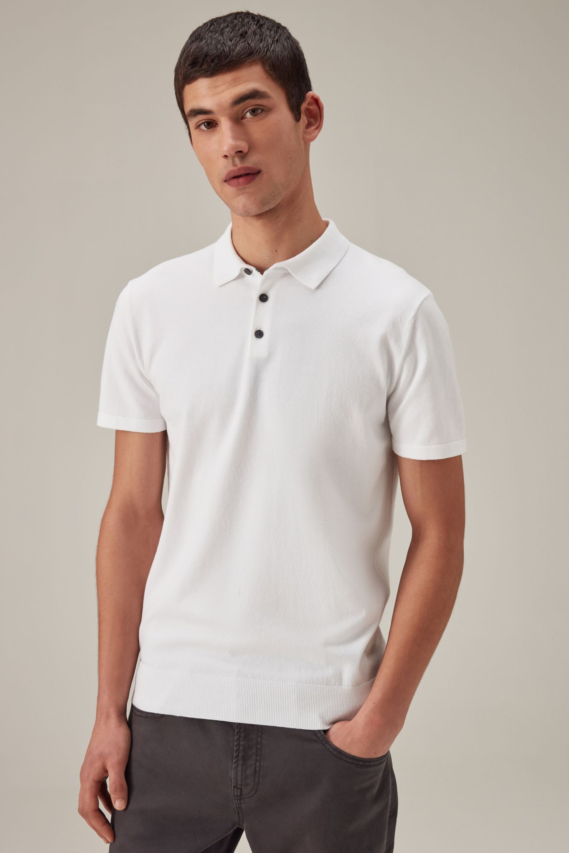 White Regular Fit Knitted Polo Shirt - Image 3 of 8