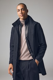 Black Wool Blend Mock Gilet Herringbone Padded Coat - Image 1 of 6