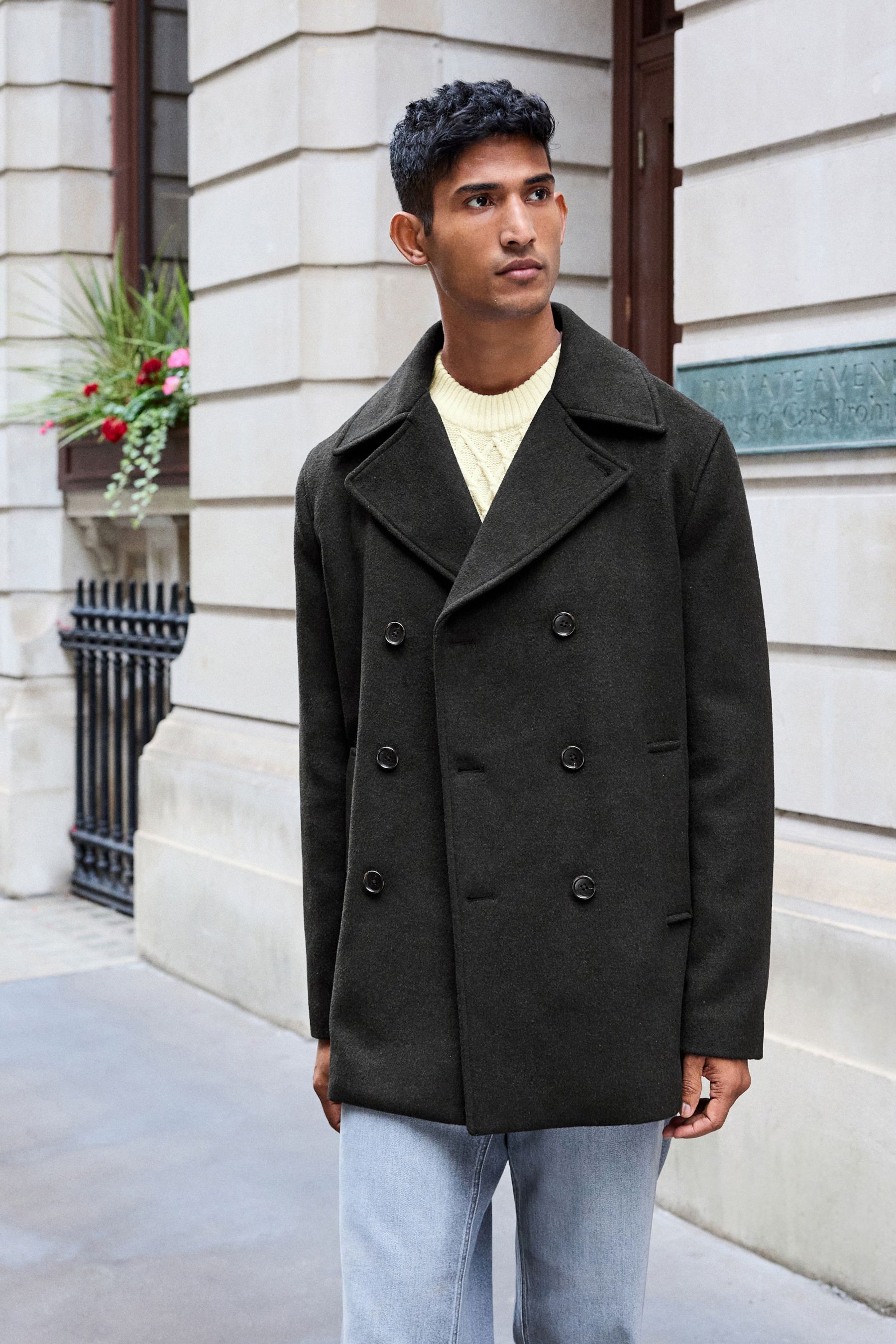 Buy Khaki Green Soft Touch Peacoat with Wool from the Next UK online shop