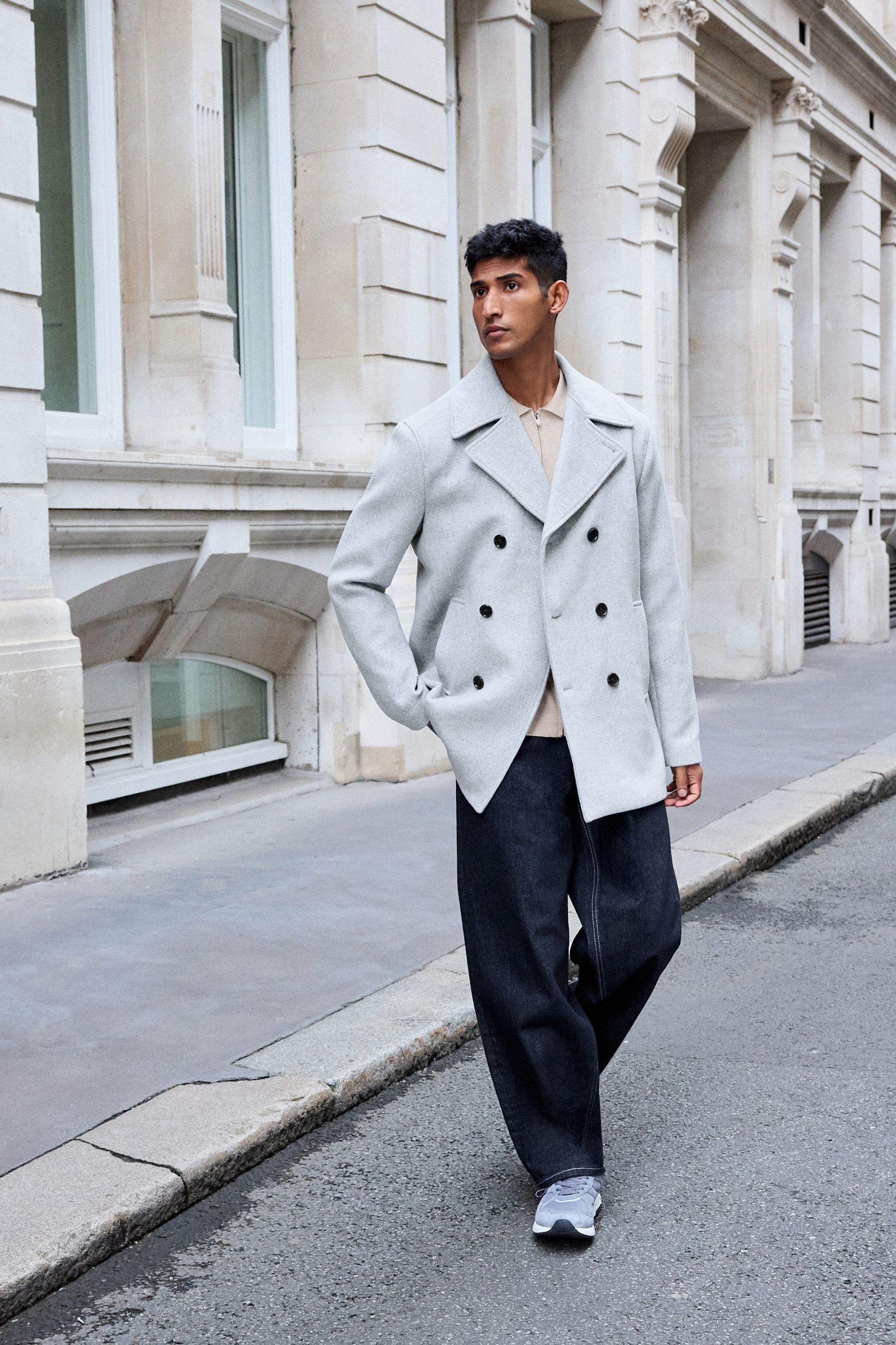Buy Light Grey Herringbone Soft Touch Pea Coat with Wool from Next Oman