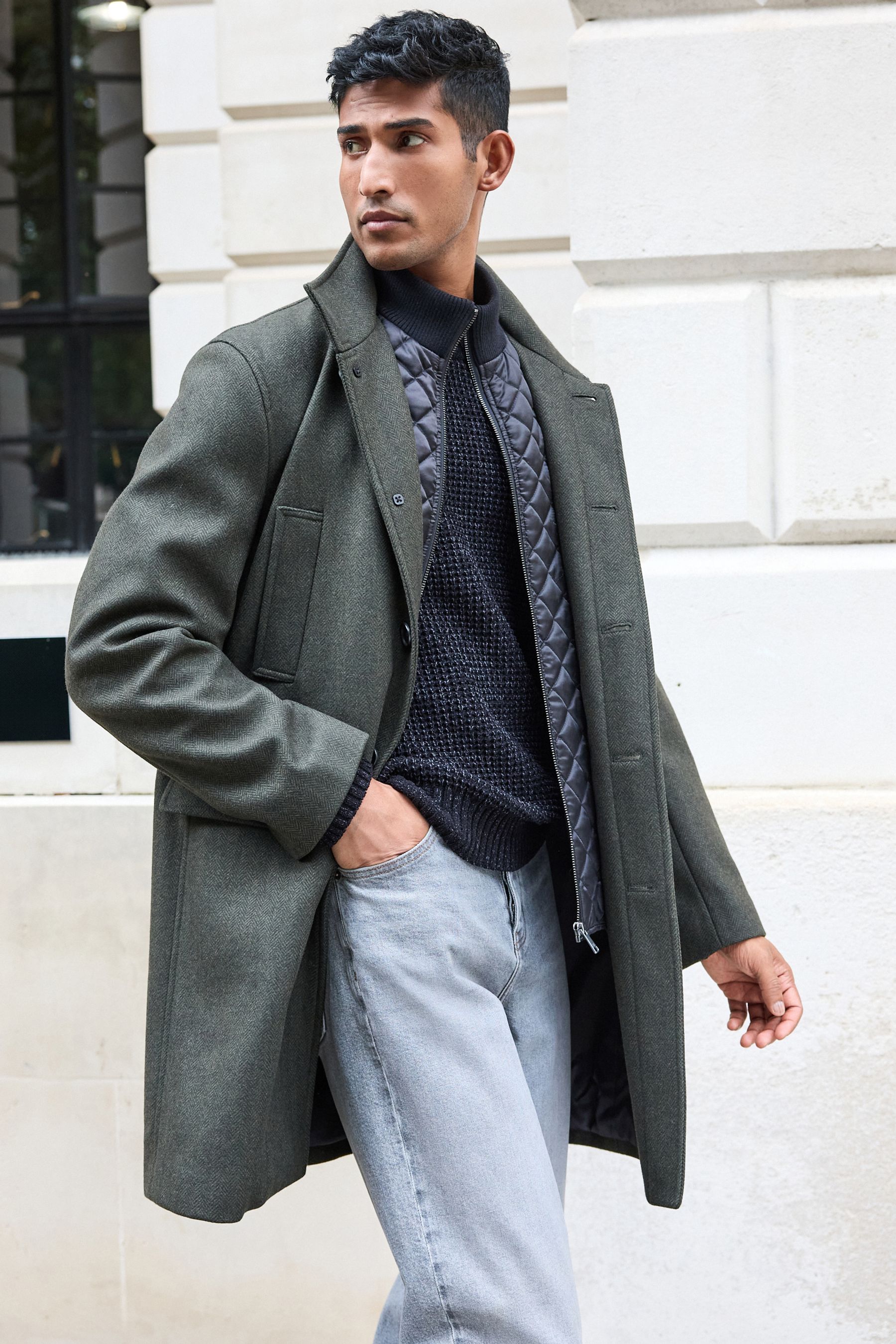 Buy Khaki Green Wool Blend Mock Gilet Herringbone Padded Coat from Next Kuwait