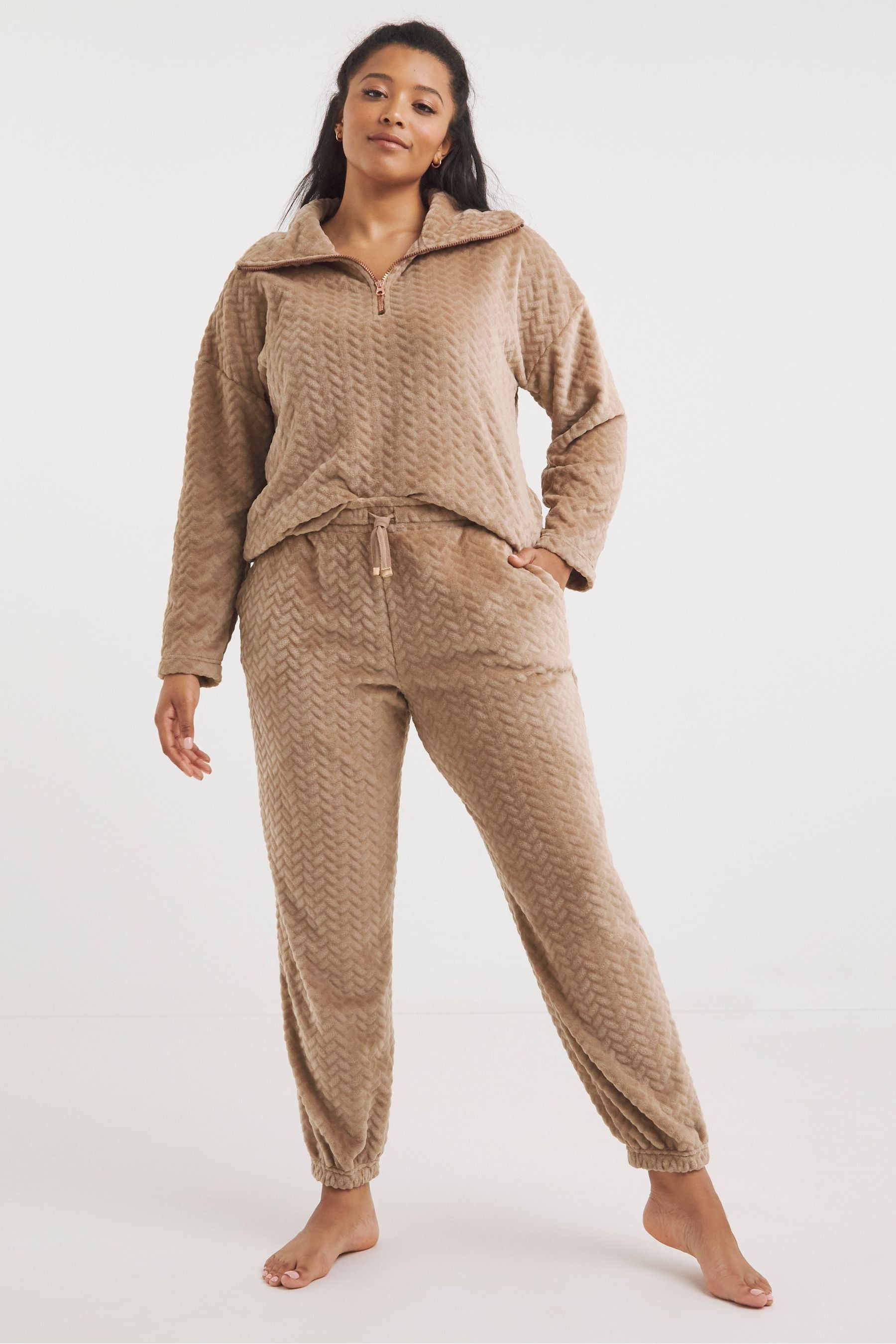 Buy Figleaves Mocha Brown Luxury Soft Fleece Lounge Zip Top and Joggers Pyjama Set from Next Luxembourg